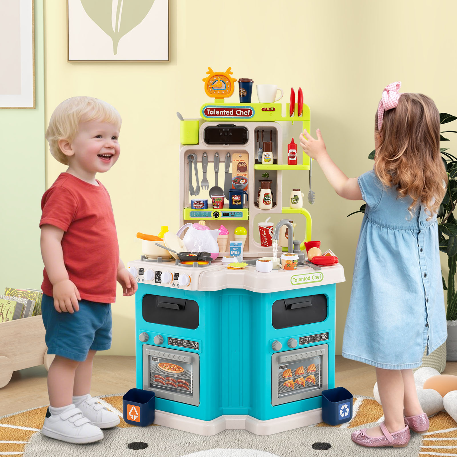Kinder Eck-Küchenspielset mit Sounds & Lichtern Kinderküche mit Kochherd Spiel-Spüle & 113-teiligem Zubehör Blau