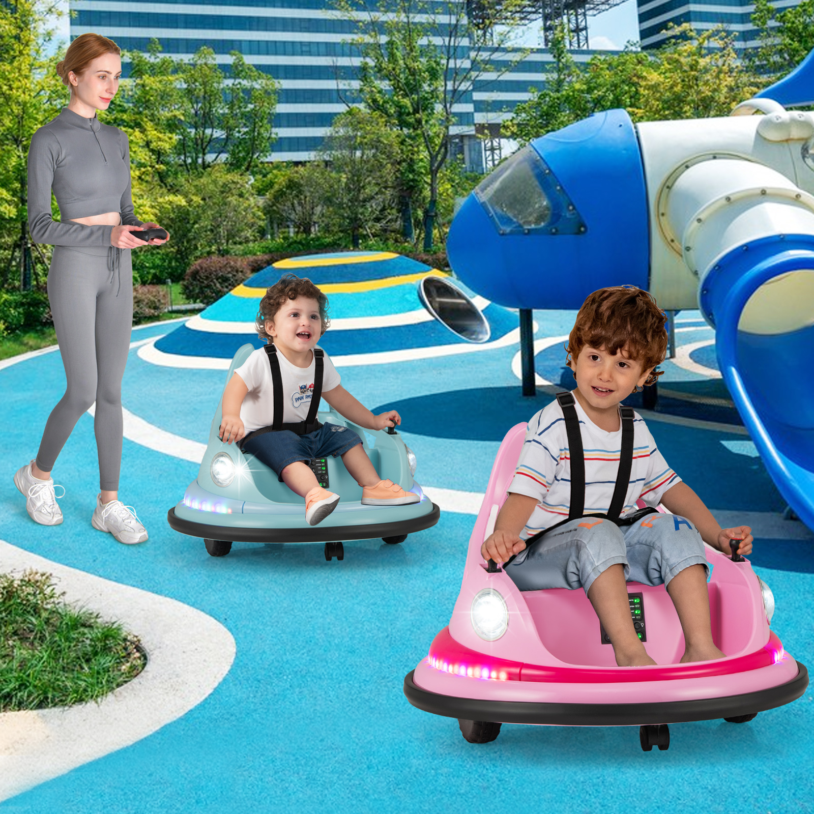 Kinder Elektro-Bumpercar 12V Batterie betrieben mit Fernbedienung & Doppel-Joysticks 360° Drehung Blau