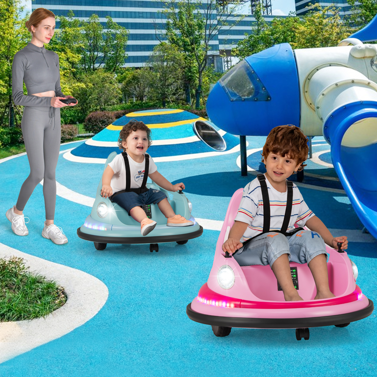 Kinder Elektro-Bumpercar 12V Batterie betrieben mit Fernbedienung & Doppel-Joysticks 360° Drehung Rosa