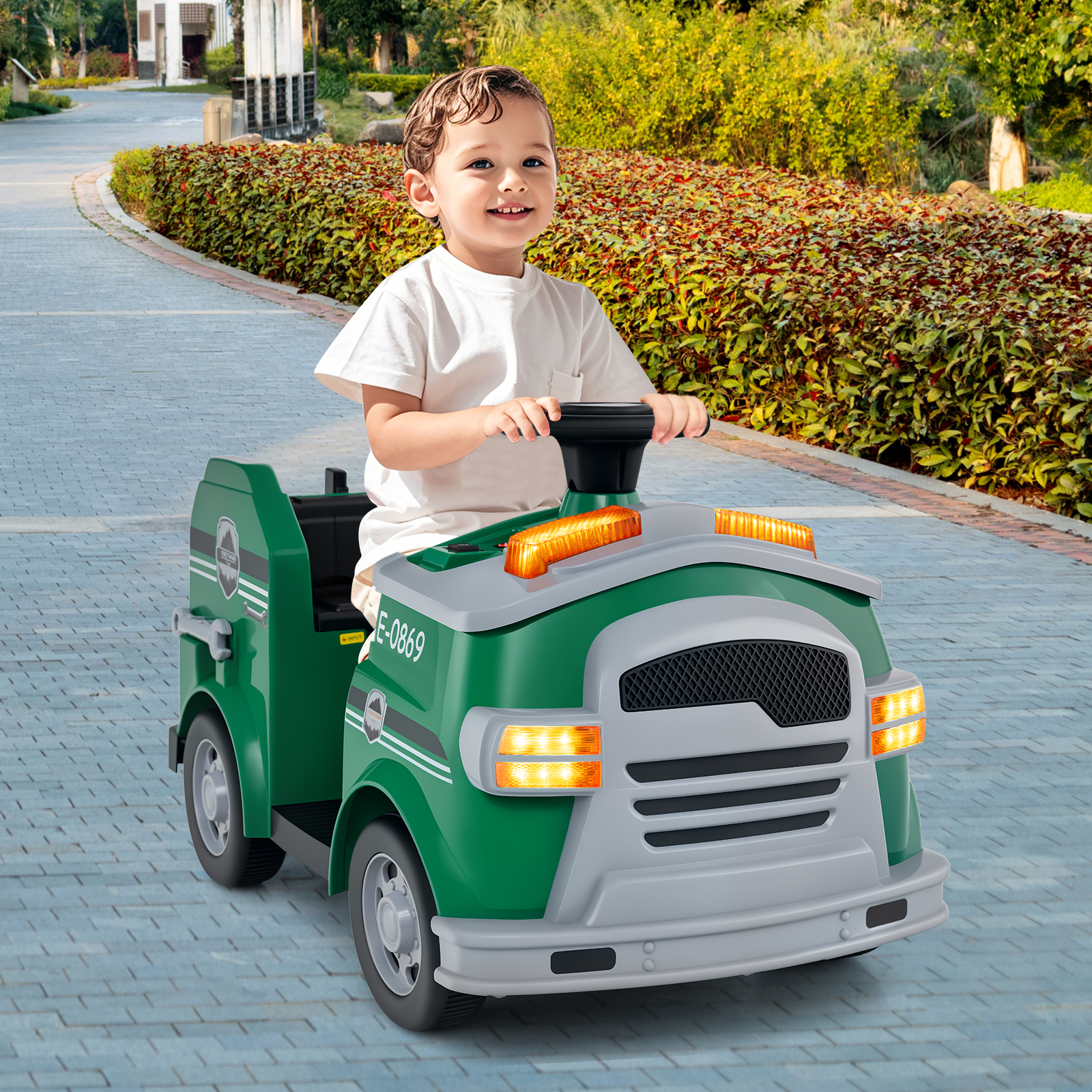 Kinder Feuerwehr Rutschauto 12V Feuerwehrauto mit Schaufel & Feuerlöscher Rutschfahrzeug Grün