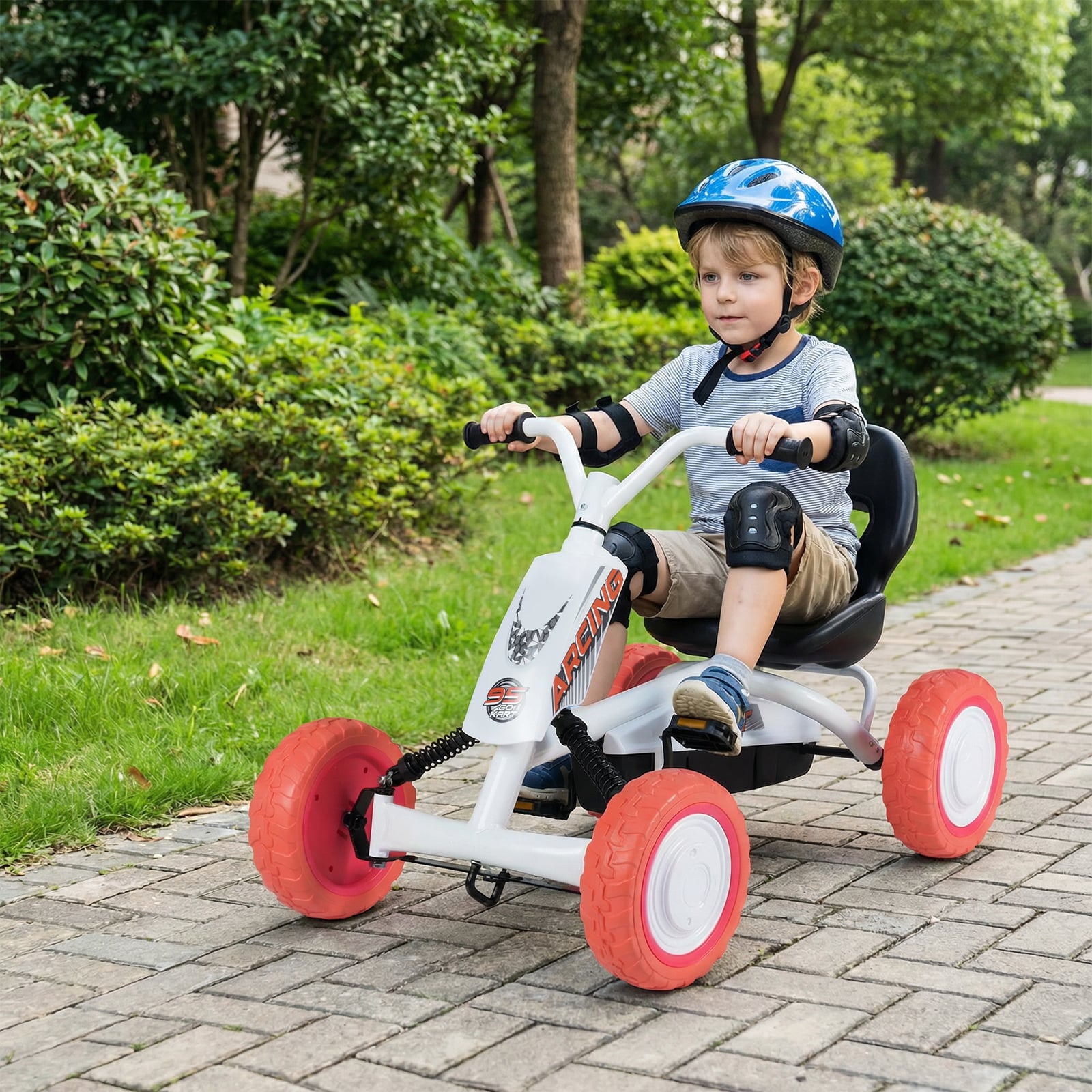 Kinder Gokart Tretauto mit Verstellbarem Sitz & Rücklehne Go Kart mit Pedal Vor- & Rückwärtsgang Weiß
