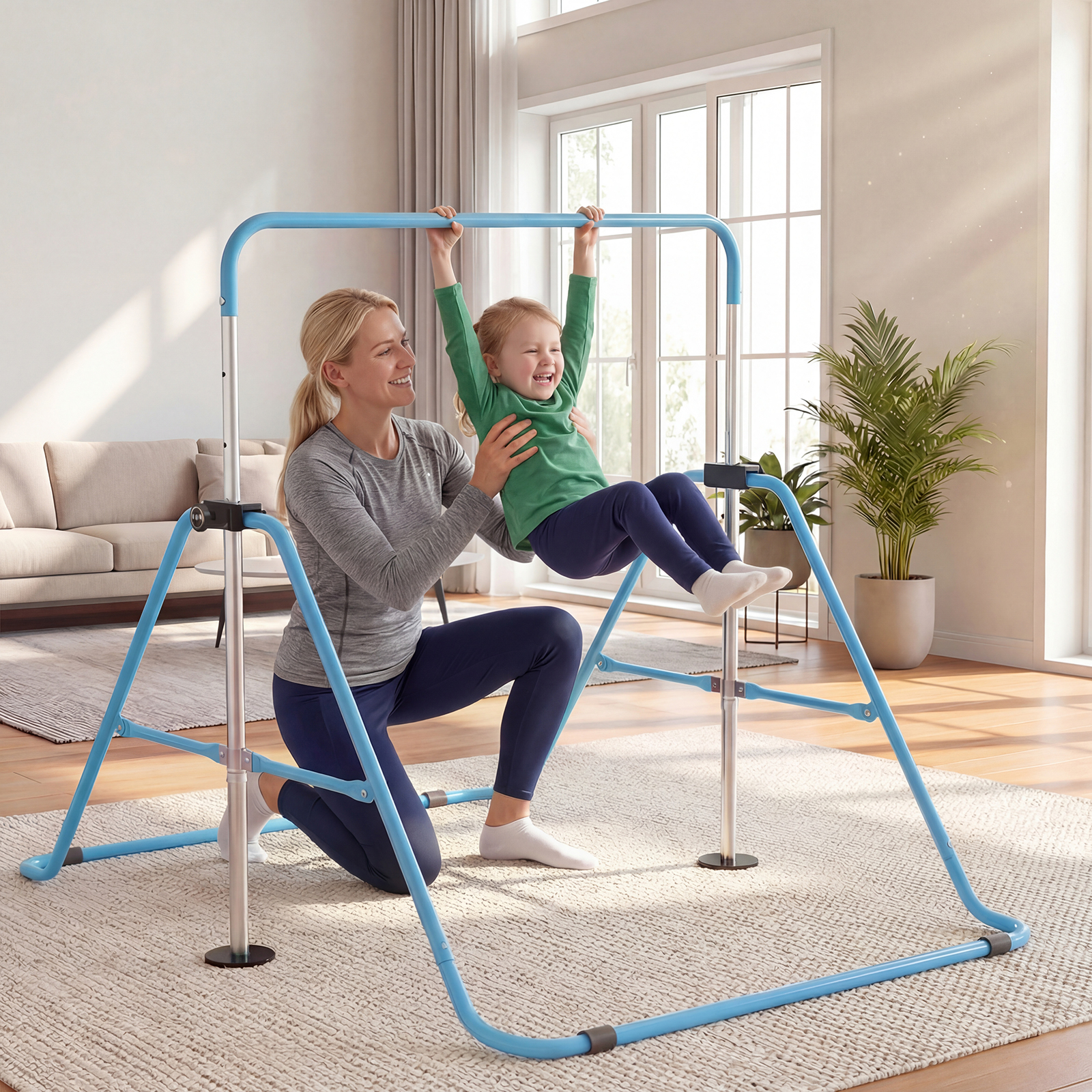 Kinder Gymnastikstange 90-130 cm Höhenverstellbar Faltbare Reckstange Turnstange Blau