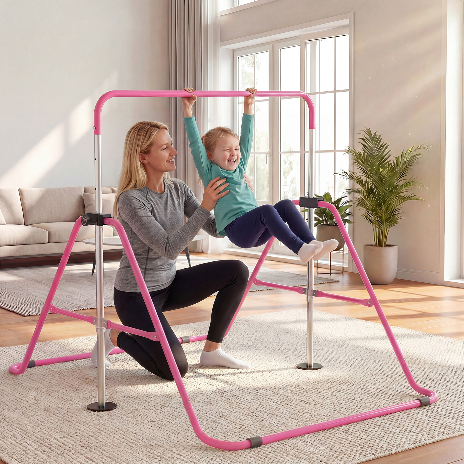 Kinder Gymnastikstange 90-130 cm Höhenverstellbar Faltbare Reckstange Turnstange Rosa