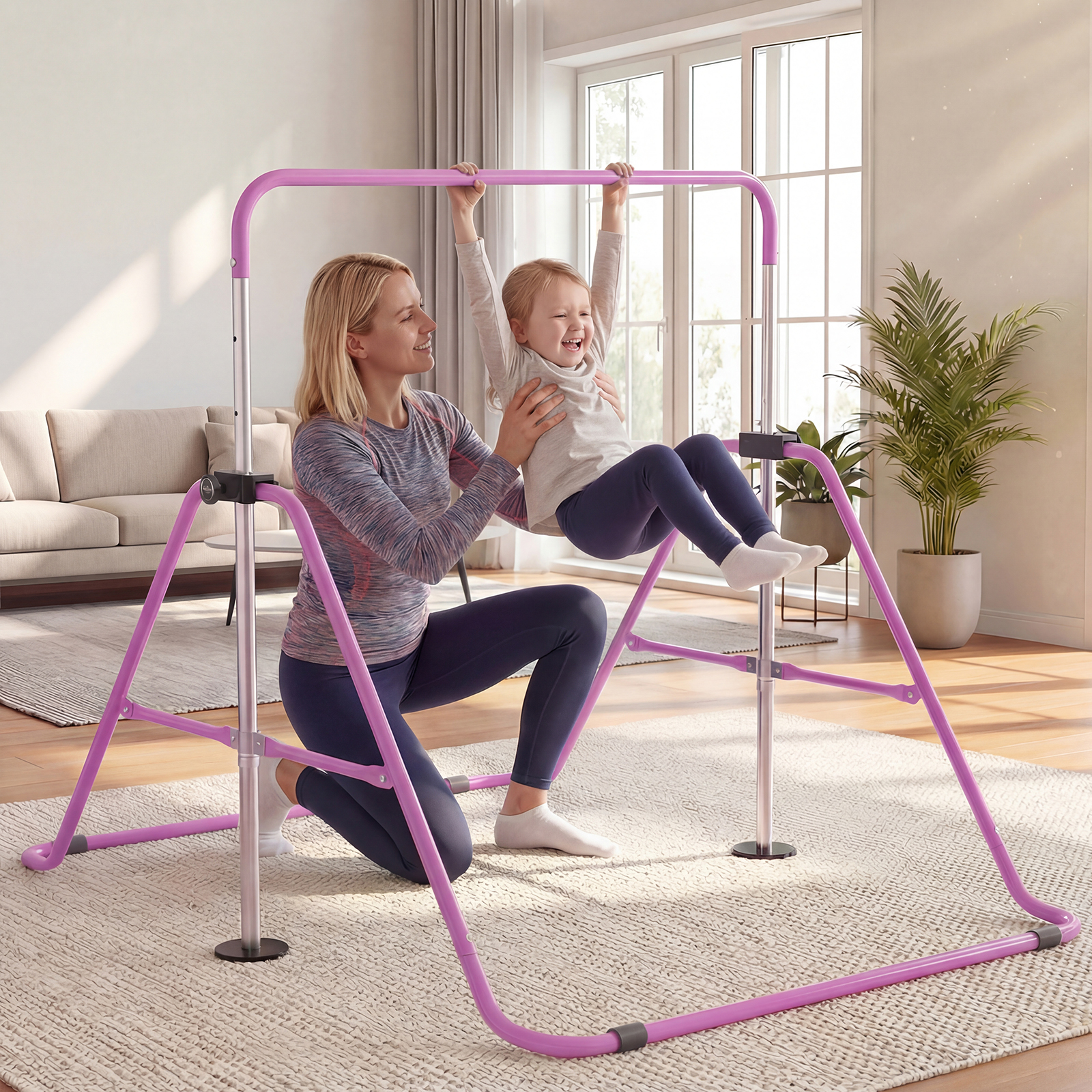 Kinder Gymnastikstange 90-130 cm Höhenverstellbar Faltbare Reckstange Turnstange Violett