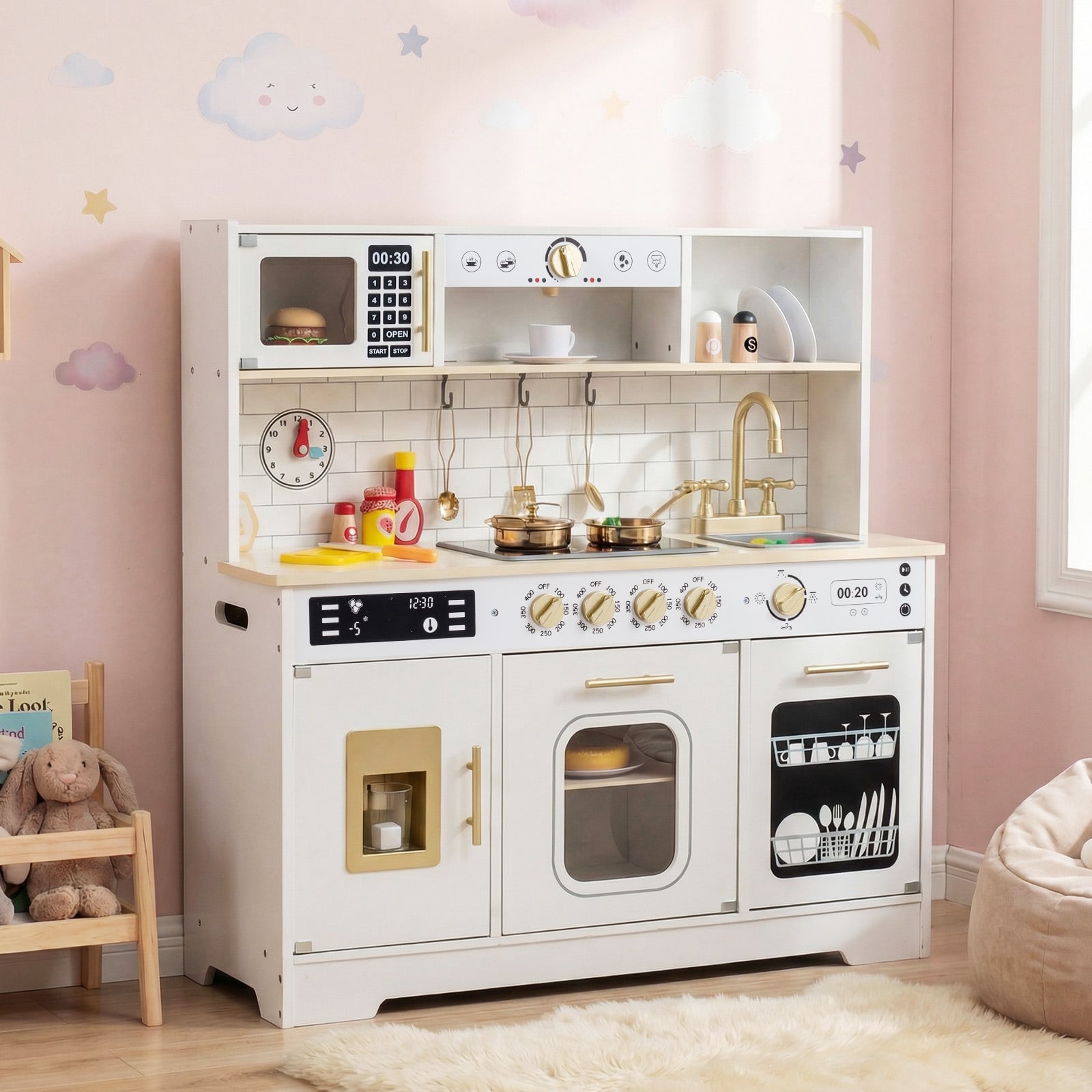 Kinderküche mit Licht & Sound Holz Spielküche mit Herd & Spüle Spielzeugküche inkl. 14 Zubehör Weiß