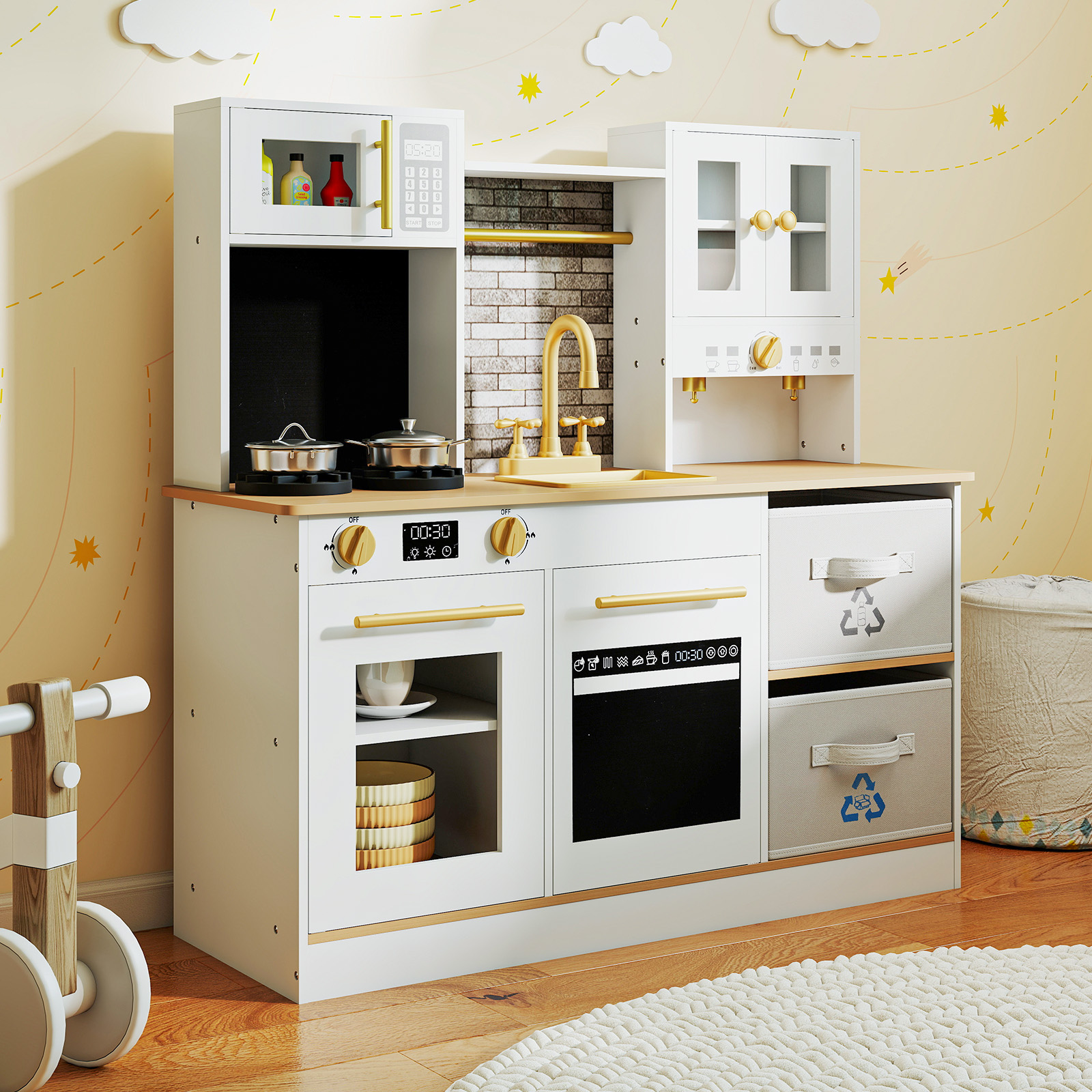 Kinderküche Spielset Holzspielküche mit Herd Sound & Licht Kaffeemaschine Wasserhahn & Kochgeschirr Natur