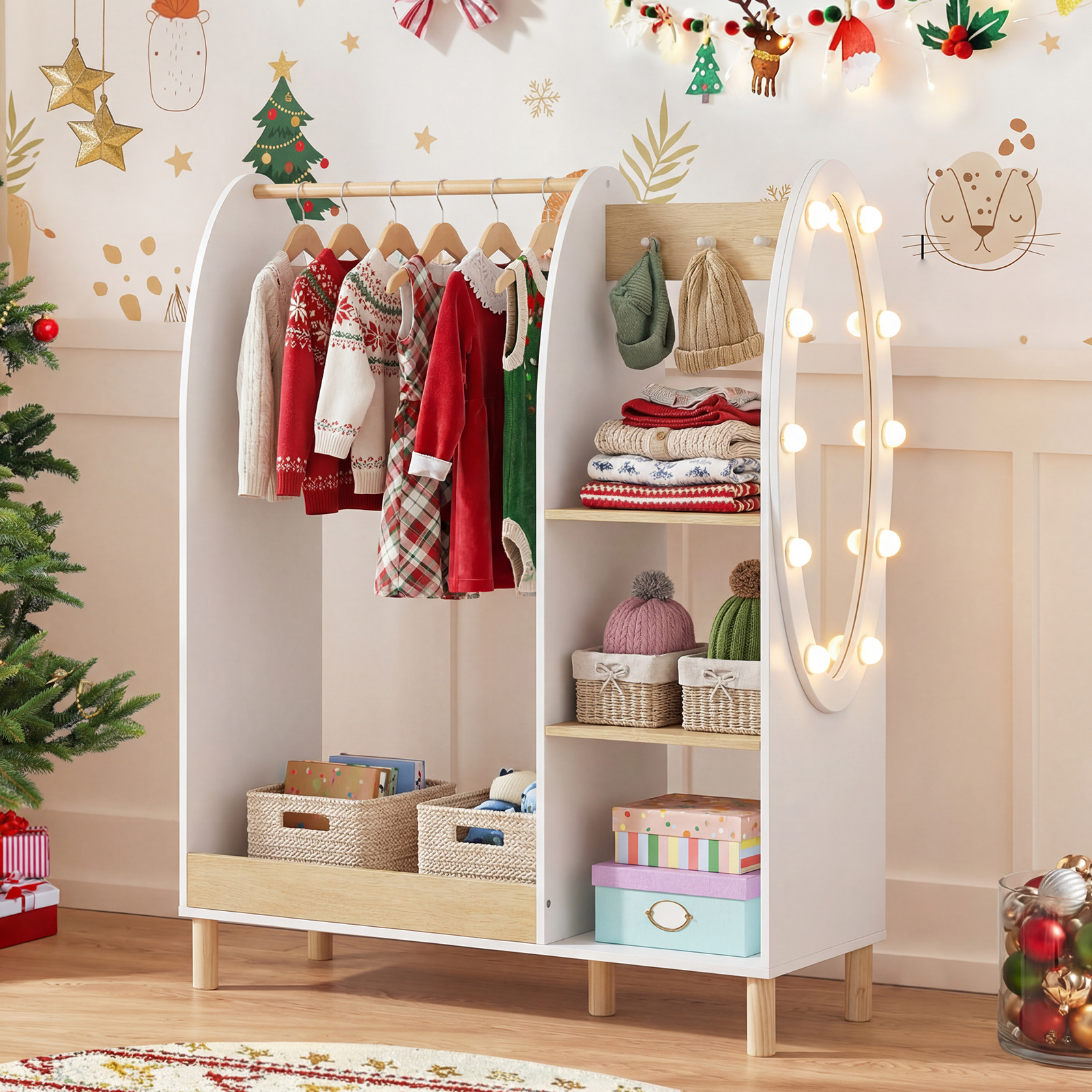 Kinder Kleiderschrank mit Beleuchtung & Spiegel & Kleiderstange & Regalen & Haken Kindergarderobe Weiß