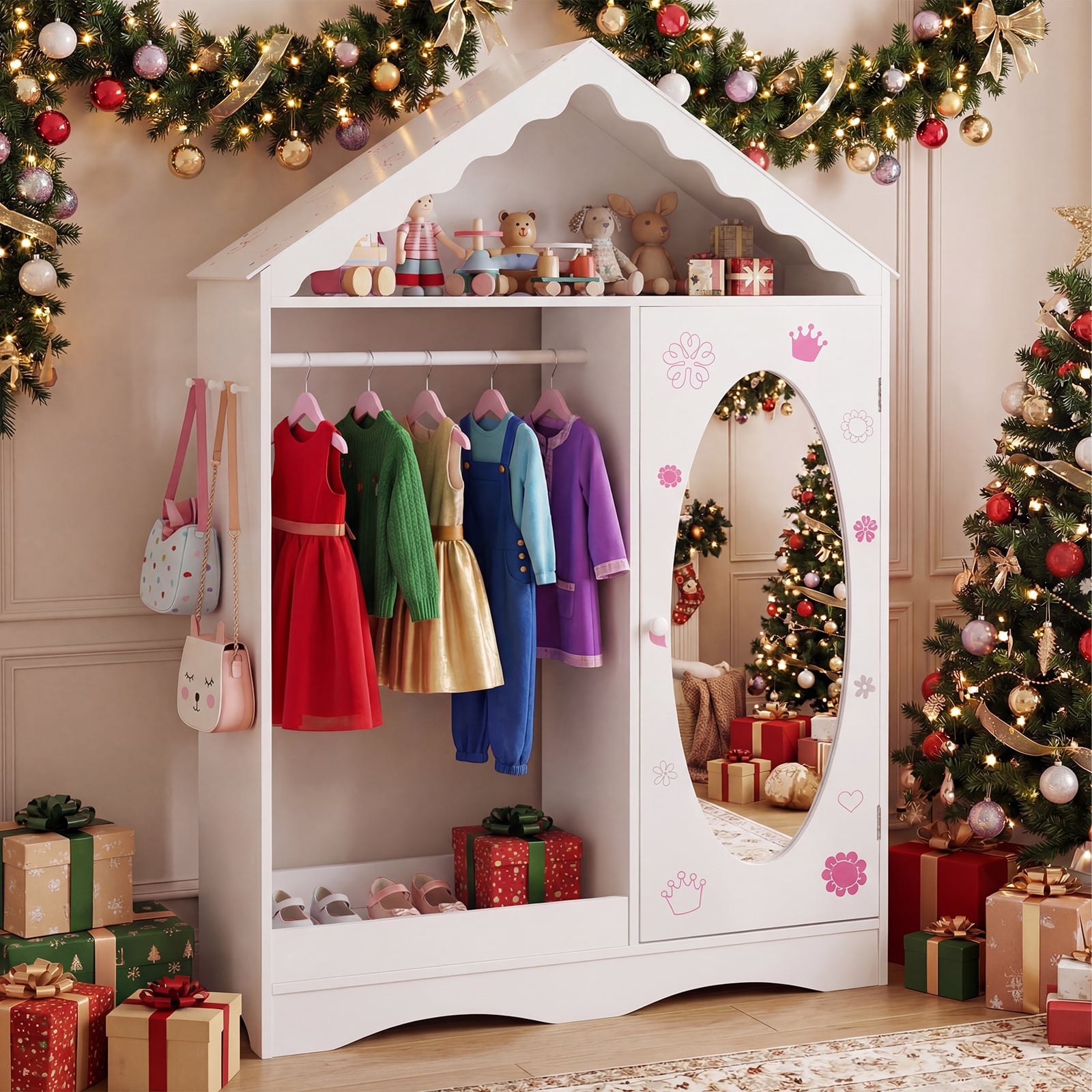 Kinderkleiderschrank mit Spiegel Dachförmiger Kleiderschrank mit offener Kleiderstange Rosa/Weiß (Weiß)