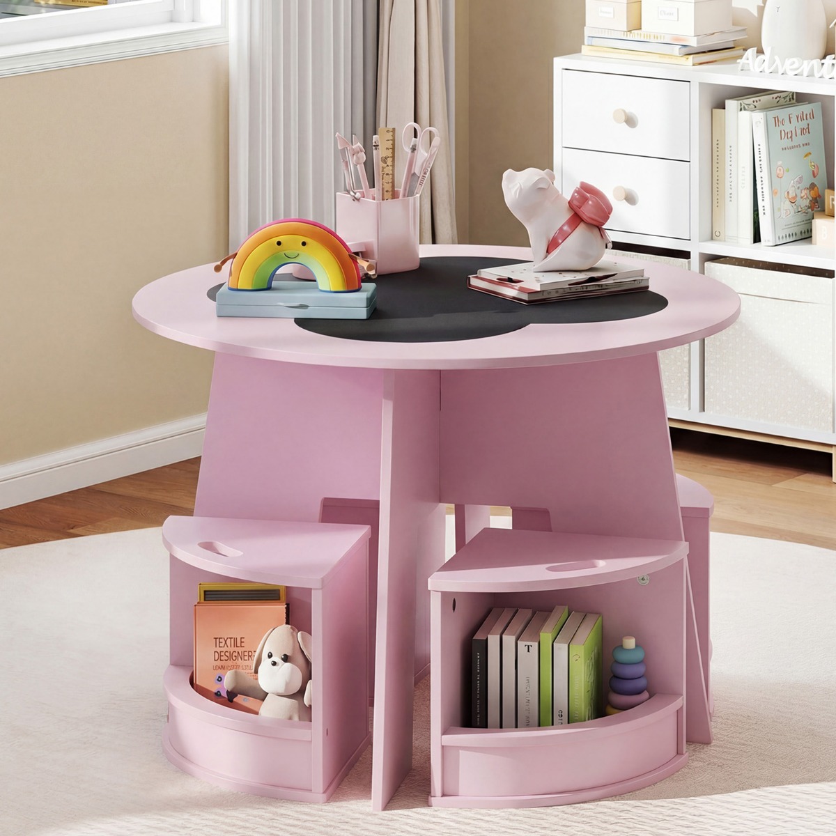 Maltisch für Kinderzimmer Kindertisch und Stuhl Set rund 5 teilige Kindersitzgruppe Rosa