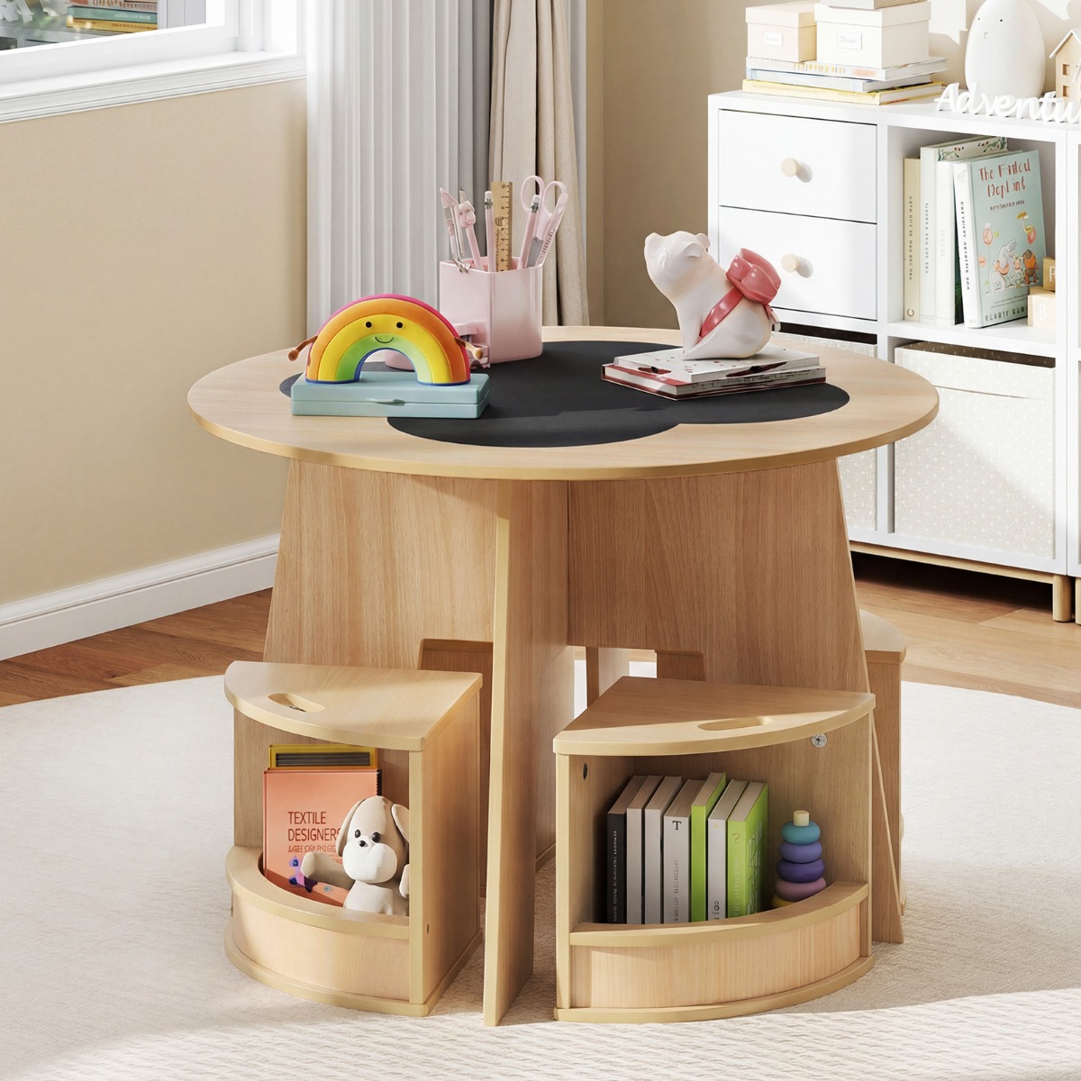 Maltisch für Kinderzimmer Kindertisch und Stuhl Set rund 5 teilige Kindersitzgruppe Natur