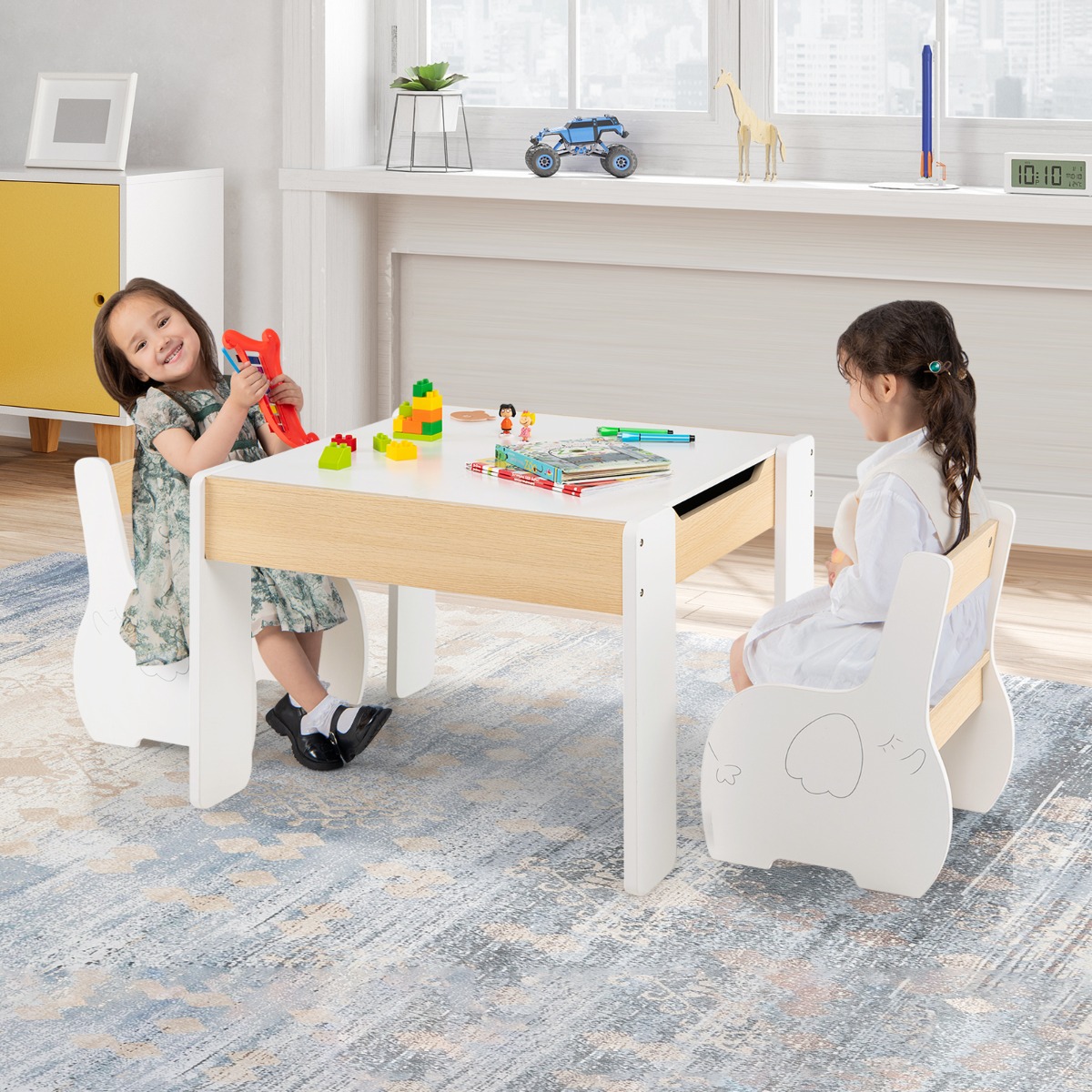 4 in 1 3tlg. Kindersitzgruppe aus Holz mit Abnehmbarer Tafel &amp; Stauraum Weiß