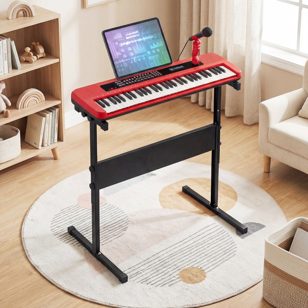 61 Tasten Kinder Piano Keyboard Innenmusikinstrument mit verstellbarem Ständer Mikrofon Rot