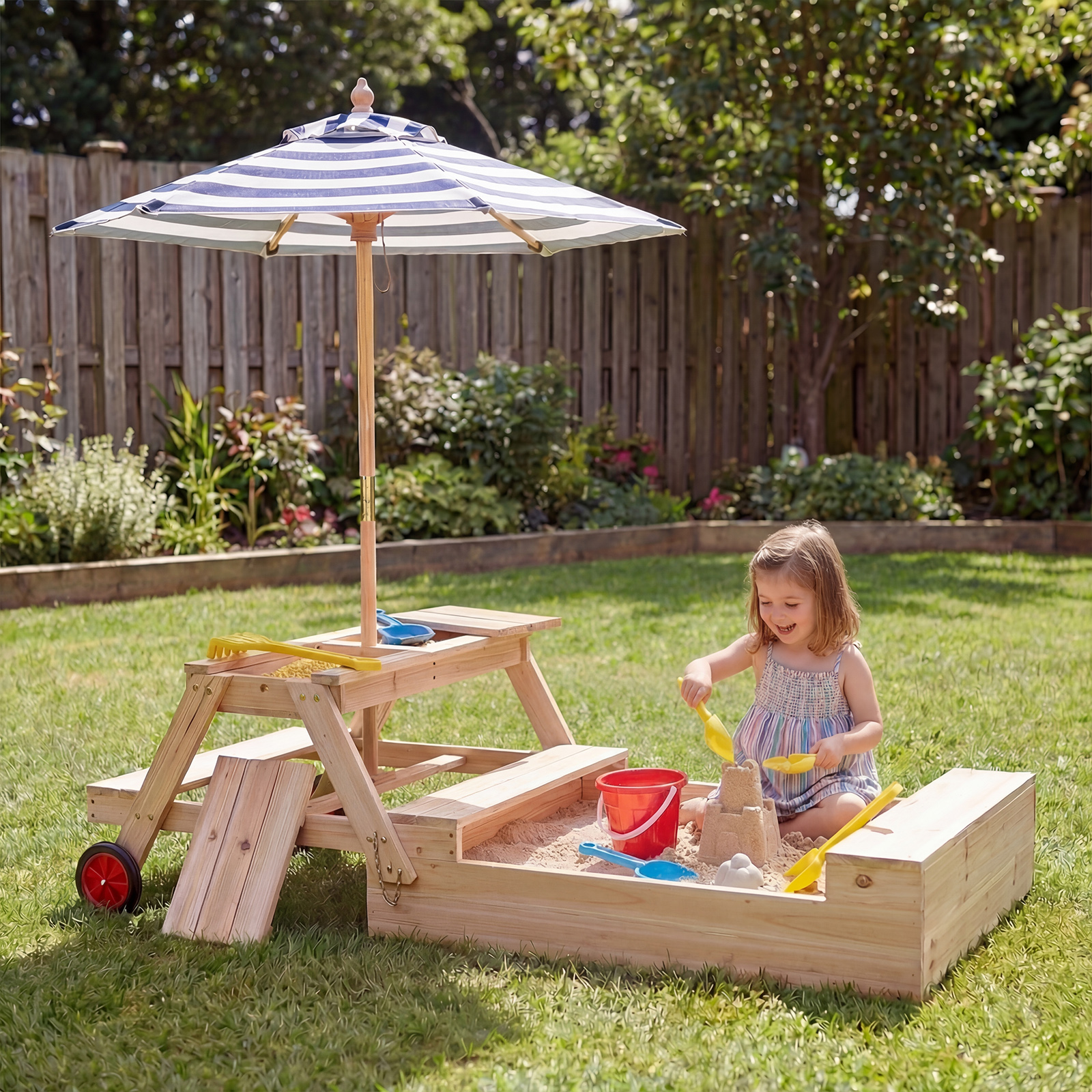 Kinder Picknicktisch mit Sandkasten & Sonnenschirm Holz Kindertisch mit Abnehmbarer Tischplatte