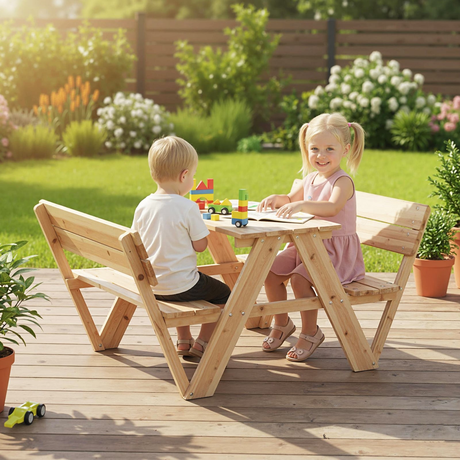 Kinder Picknicktisch Outdoor Kindersitzgruppe mit Tisch & 2 Sitzbänken Holz Kindersitzgarnitur