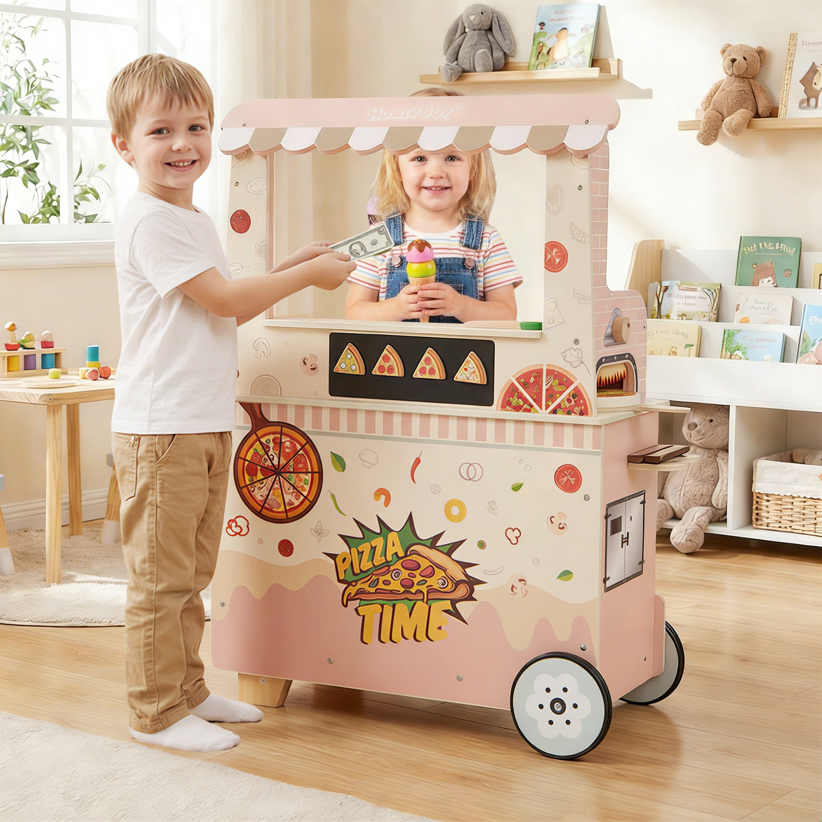 Kinder Pizza Food Truck Holz-Snackwagen zum Rollenspielen mit Ofen magnetische Tafel Rosa
