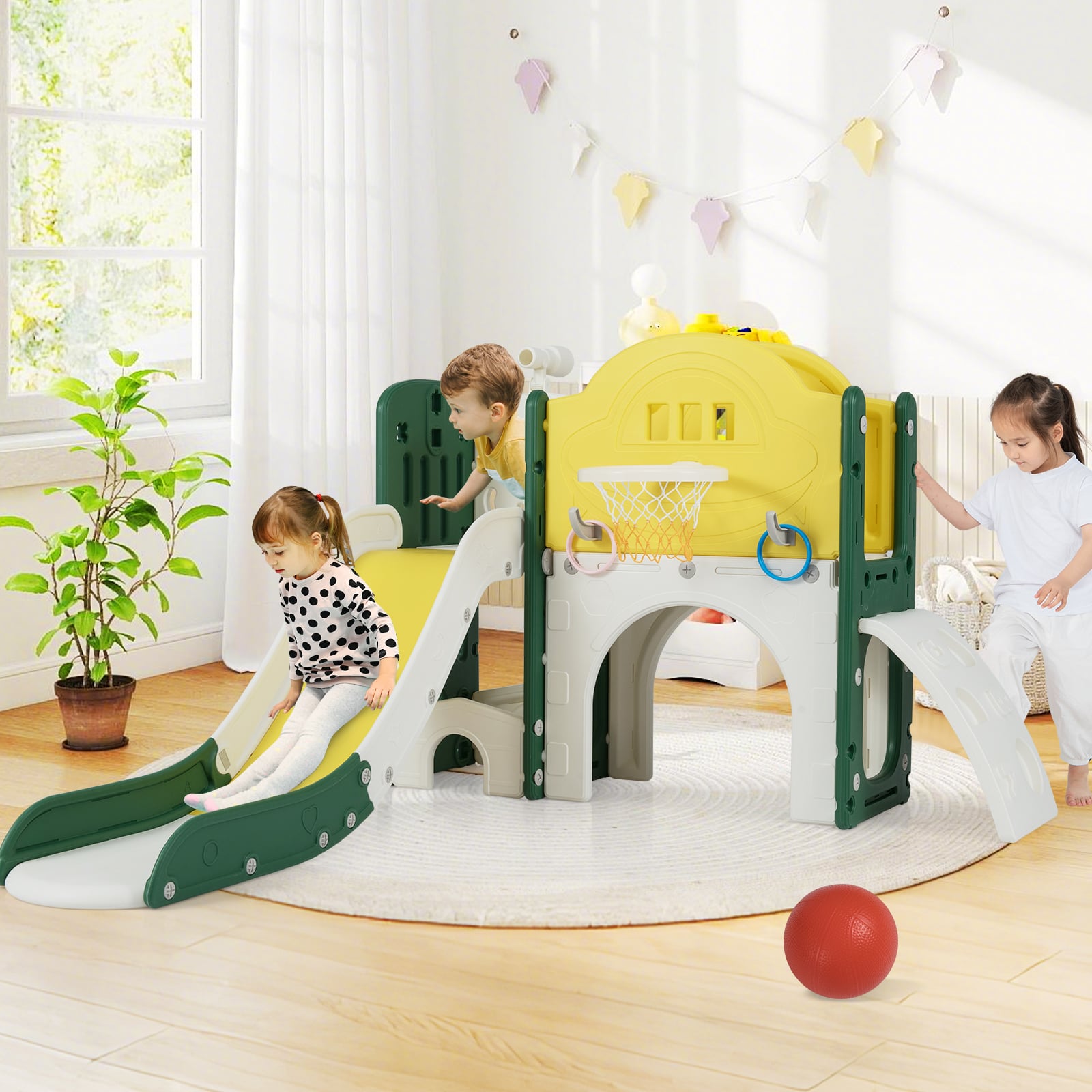 Kinder Rutsche mit Klettergerüst & Spieltunnel Rutsche Set mit Basketballkorb & Wurfspiel & Teleskop