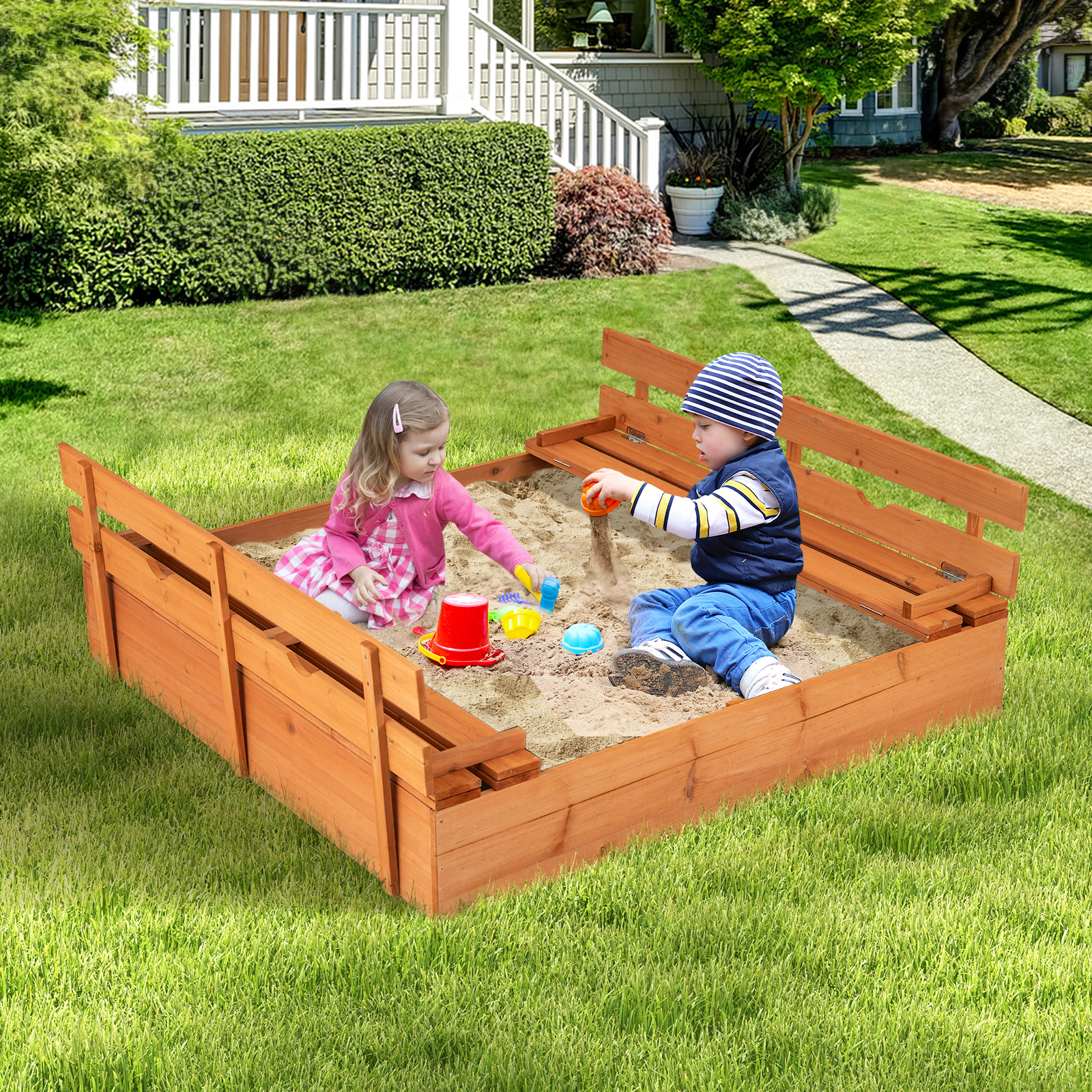 Kinder Sandkasten mit Sitzbänken Holz Sandkiste Sandbox mit Deckel & Bodenvlies 120 x 120 cm