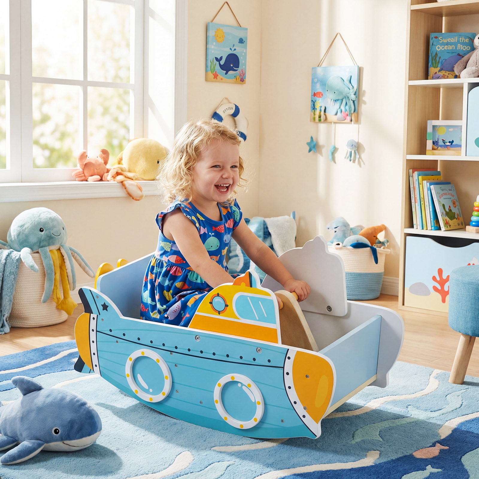 Kinder Schaukelboot mit Nautischem Design & Drehbarem Propeller & Birkenholz-Griffe Schaukelpferd
