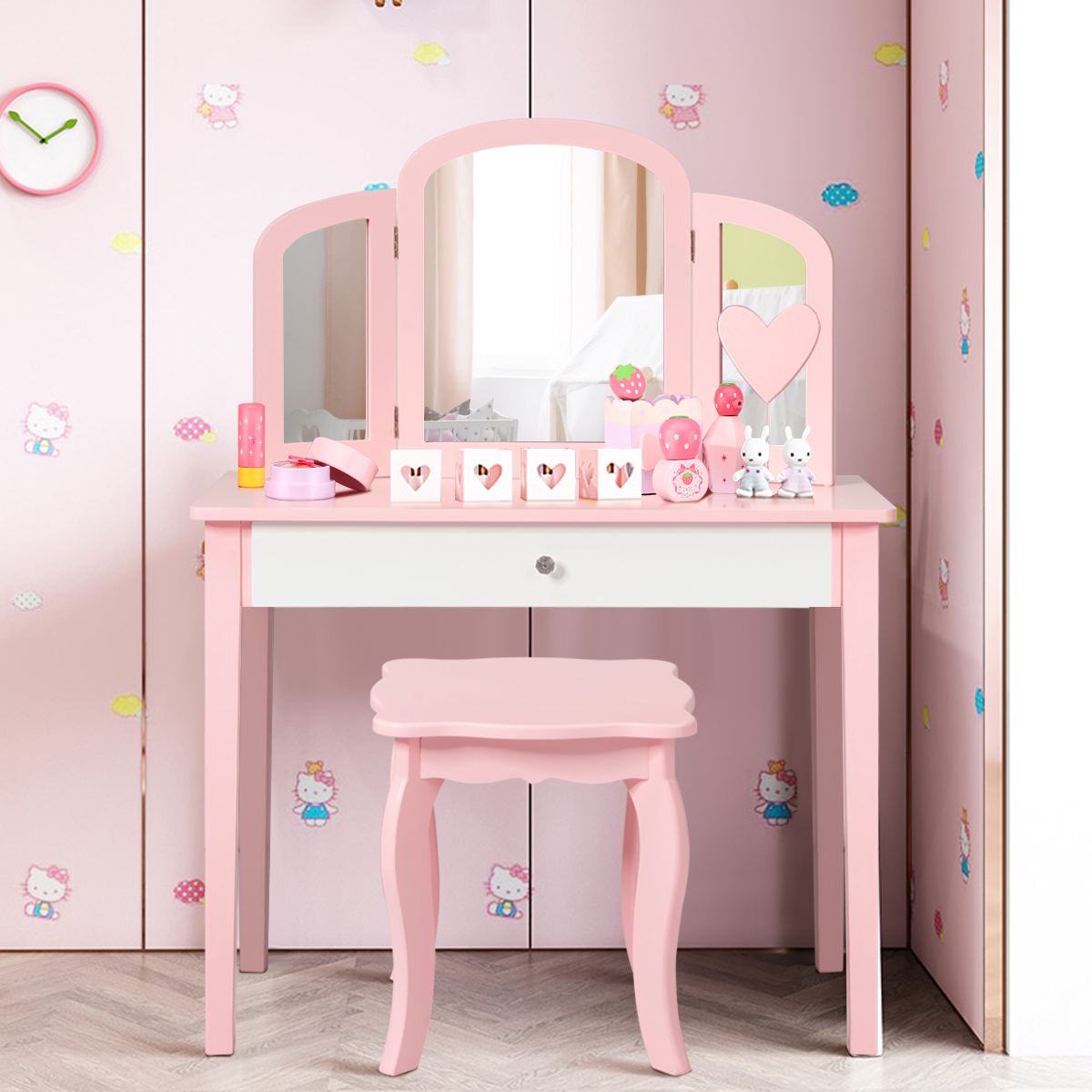 Kinder Schminktisch- und Stuhl-Set Schminktisch-Set mit Klappbarem Spiegel & Schublade Rosa + Weiß