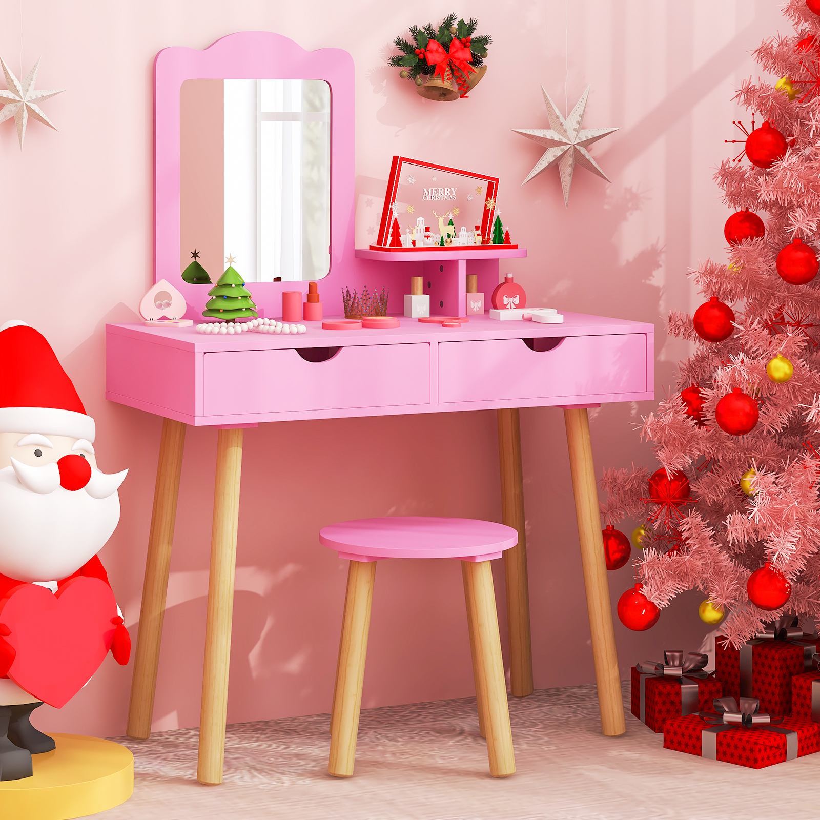 Kinder Schminktisch Set 2 in 1 Frisiertisch Schreibtisch & Hocker mit abnehmbarem Spiegel Hot Pink