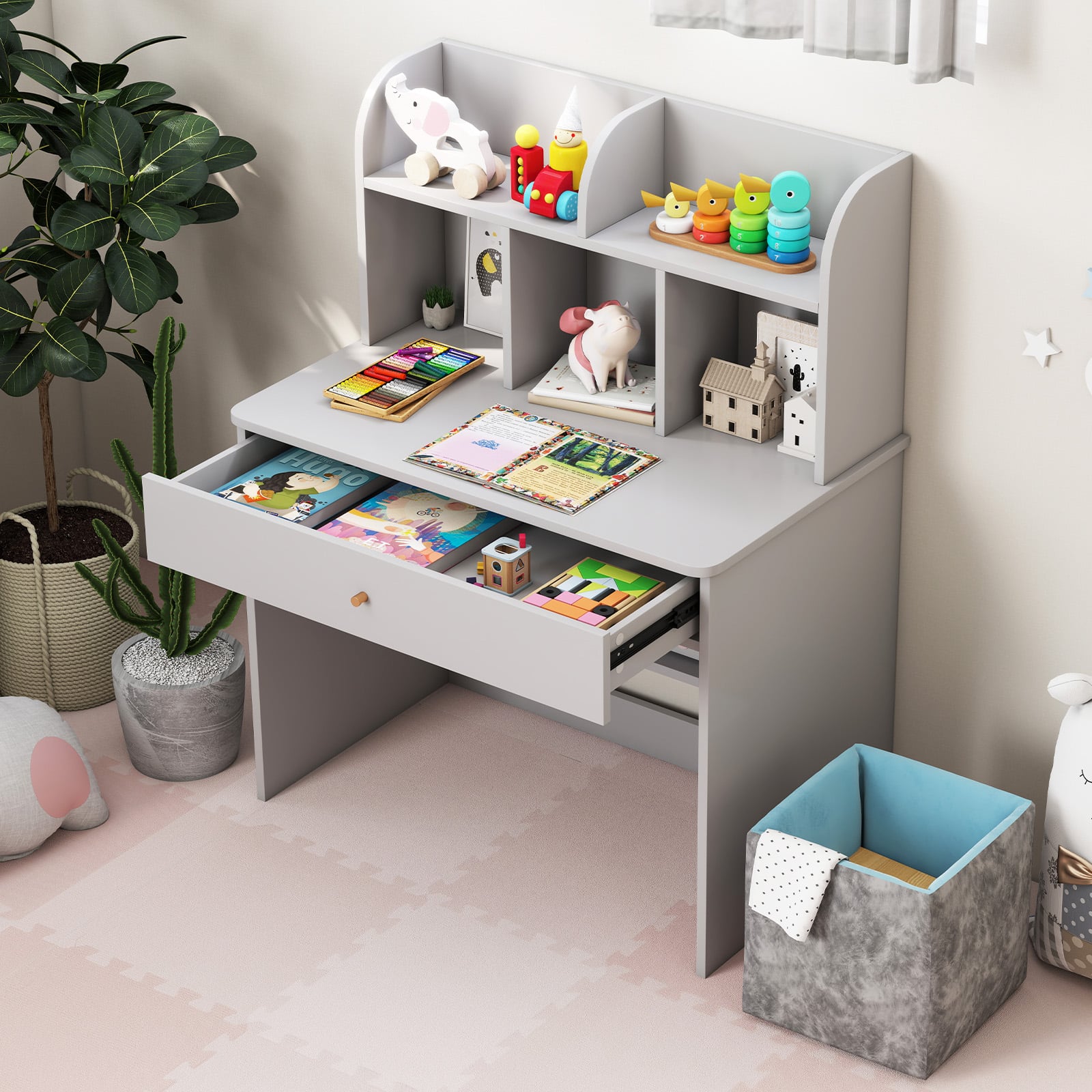 Kinder Schreibtisch mit Schublade & Ablagefach Holz Schülerschreibtisch Kindertisch Grau