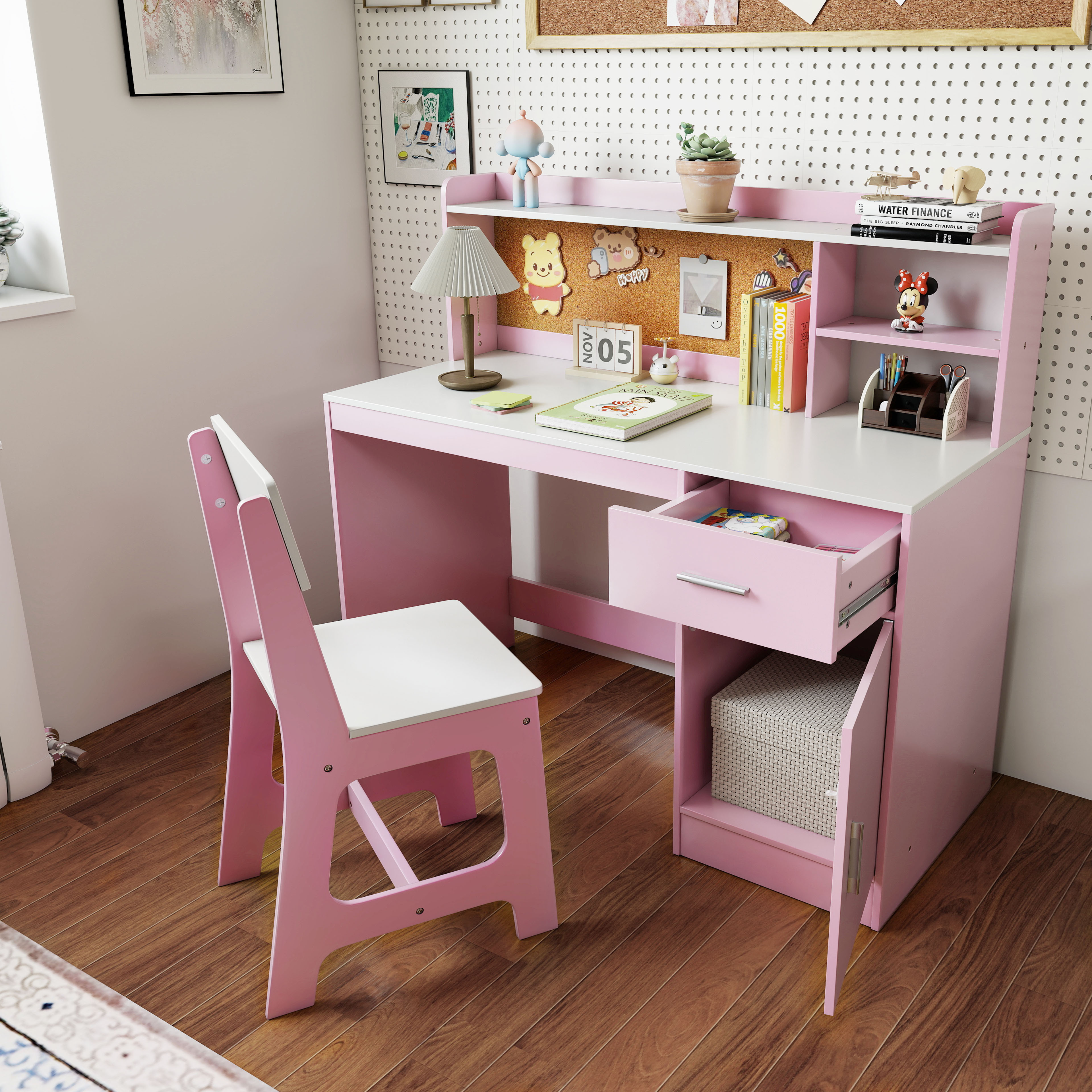 Kinderschreibtisch & Stuhl Set Holz Kinder Schreibtisch mit Regalen & Schublade Rosa
