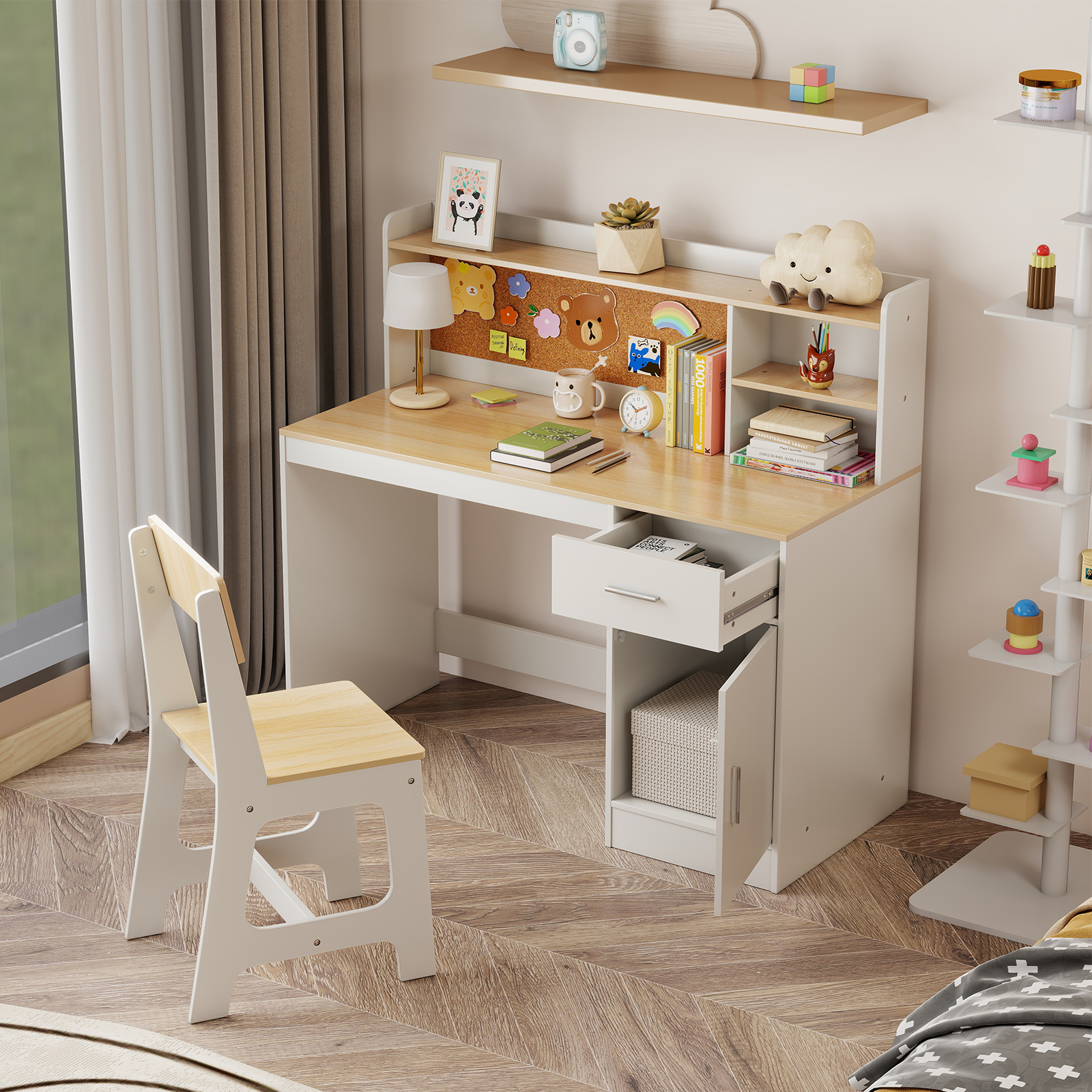 Kinderschreibtisch & Stuhl Set Kinder Schreibtisch aus Holz mit Regalen & Schublade Natur