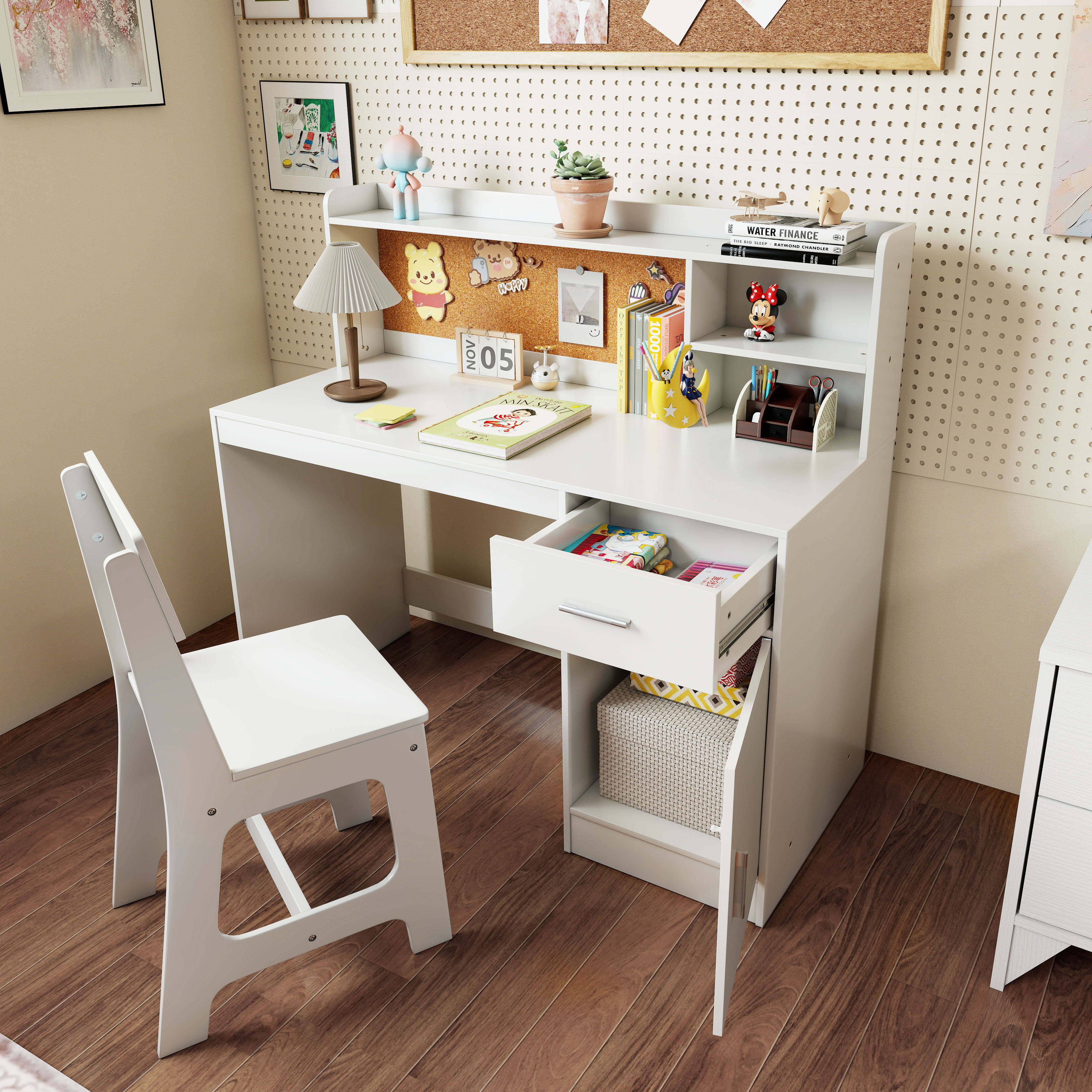 Kinderschreibtisch & Stuhl Set Kinder Schreibtisch aus Holz mit Regalen & Schublade Weiß