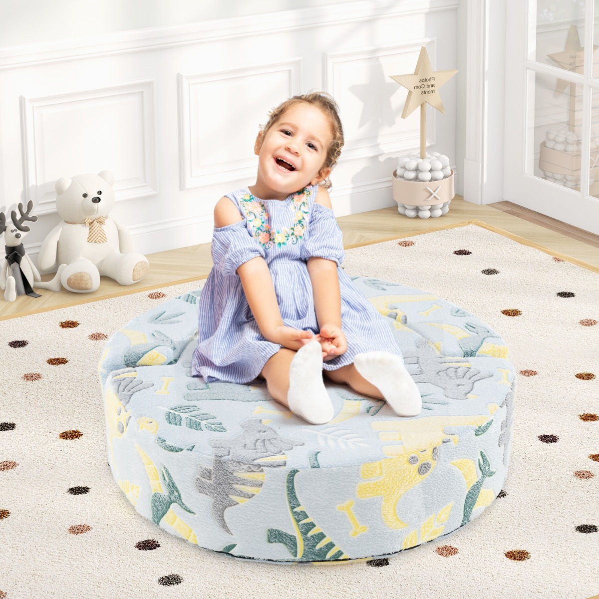 2 in 1 Kindersofa rund Spielsofa im Dunkeln Leuchtend Kindercouch gepolstert mit abnehmbarem Bezug Blau