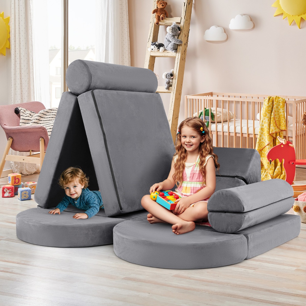 14 teiliges modulares Kindersofa Spielsofa aus Schaumstoff Bausteine-Sofa zum Klettern & Krabbeln Grau