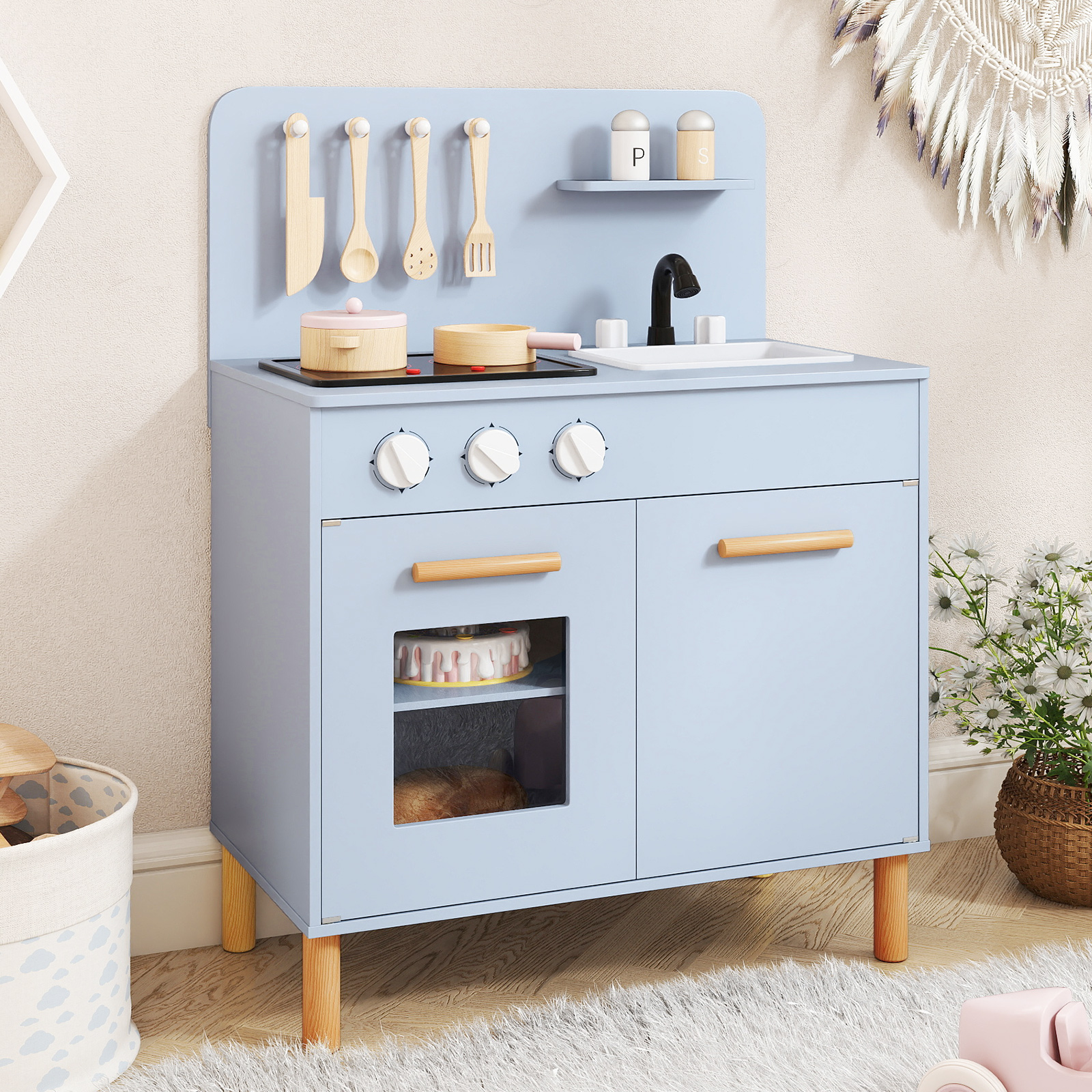 Kinder Spielküche Holzspielküche mit Lichtern Geräuschen Herd Spüle Backofen & Kochzubehör Blau