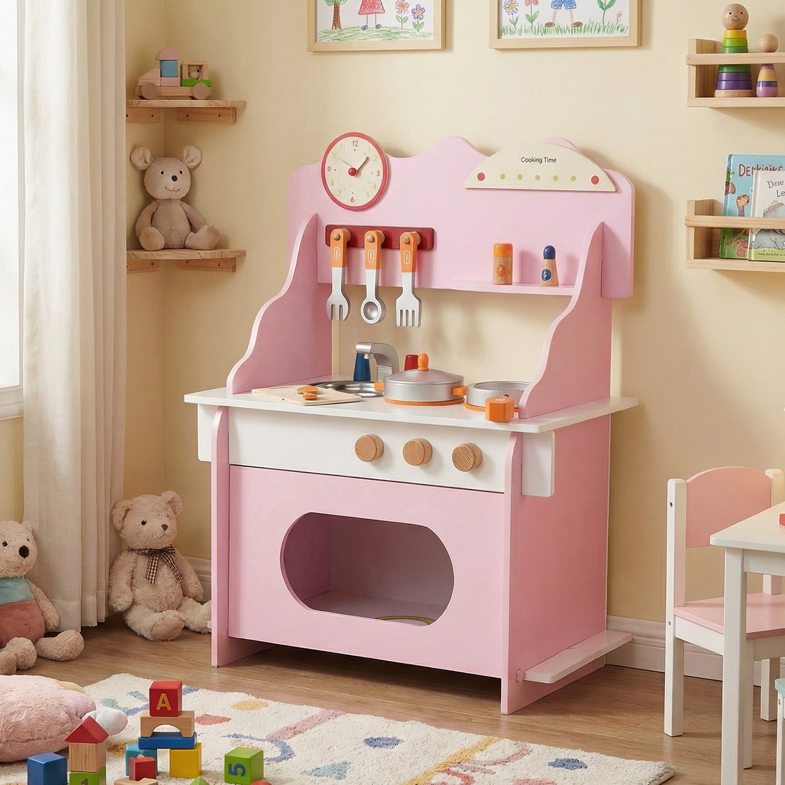 Kinder Spielküche mit Komplettem Zubehör Puppenkühe mit Uhr & Herd & Gewürzregal Rosa