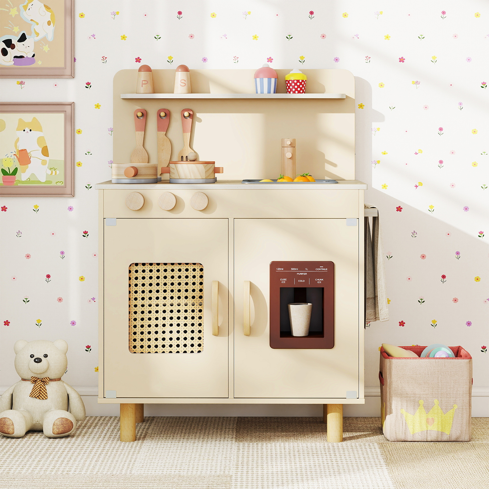 Kinder Spielküche mit Stauraum & Licht & Sound & Realistischem Eismaschine Holzküche Gelb