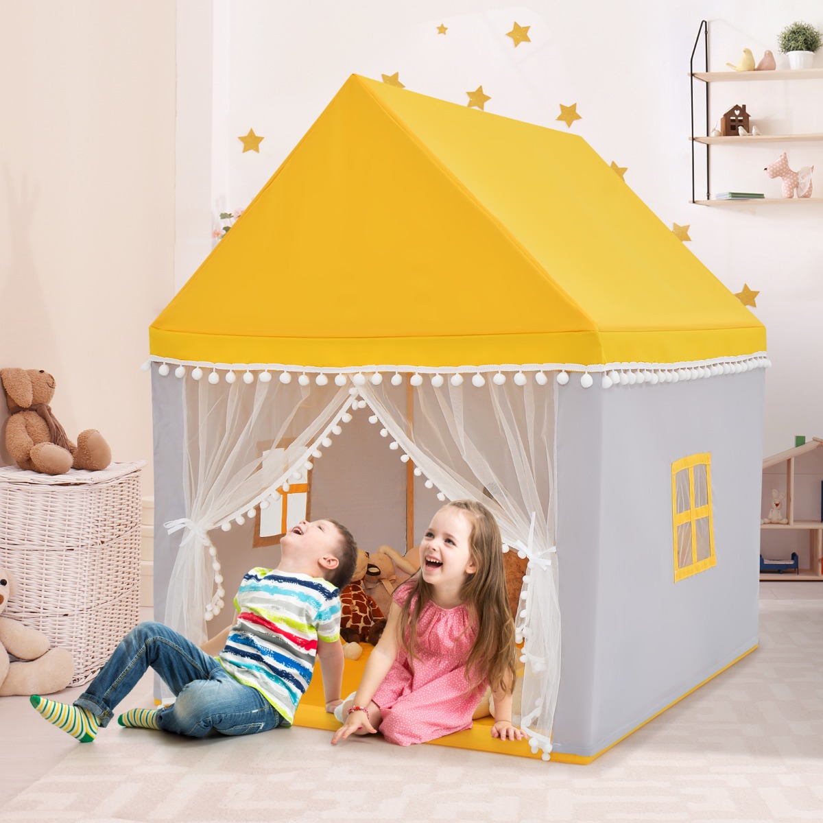 Kinderspielhaus mit Massivholzrahmen & Baumwolldecke Kinderzelt Gelb + Grau
