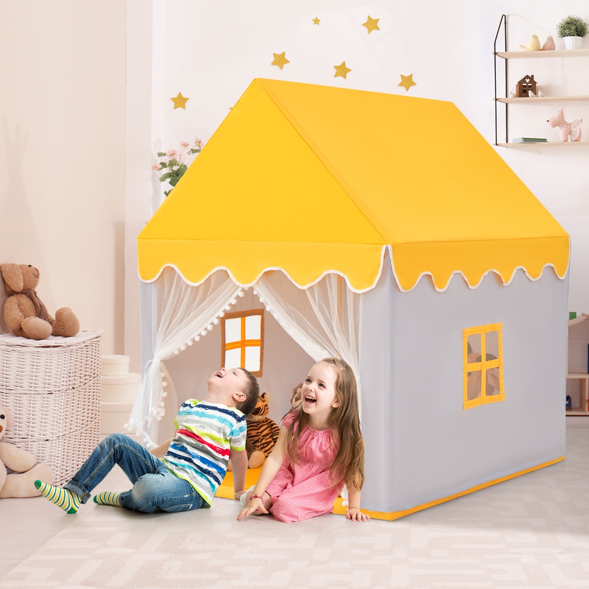 Kinderspielhaus mit Massivholzrahmen & Baumwolldecke Kinderzelt Grau + Gelb