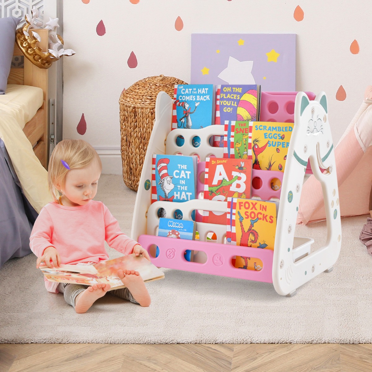 3 in 1 Kinder Sitzgruppe & Tafel & Bücherregal mit 3 Aufbewahrungsboxen & Hocker Rosa