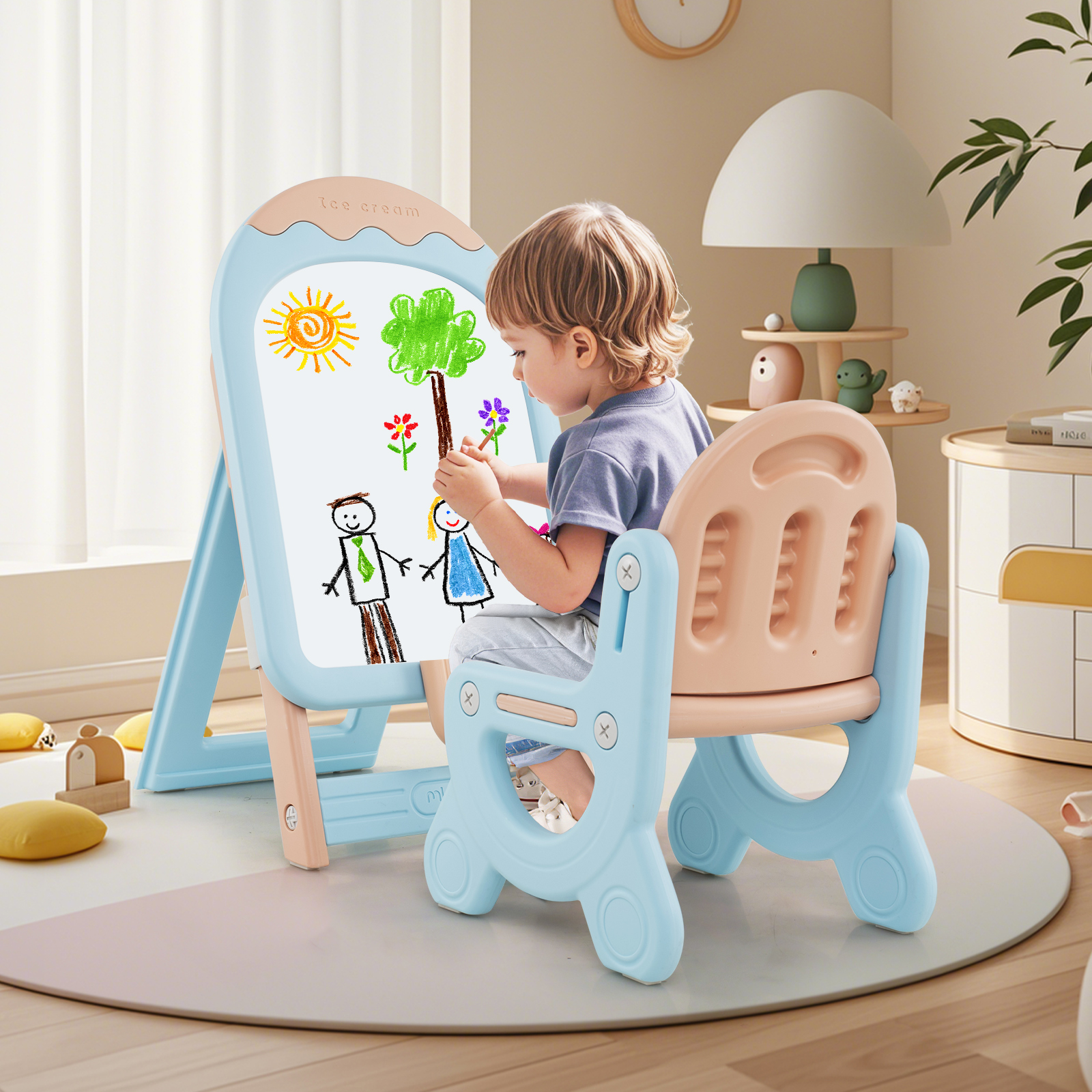 Kinder Staffelei mit Stuhl Kindertafel Höhenverstellbar & Klappbar mit Whiteboard & Aufbewahrungsbox Blau