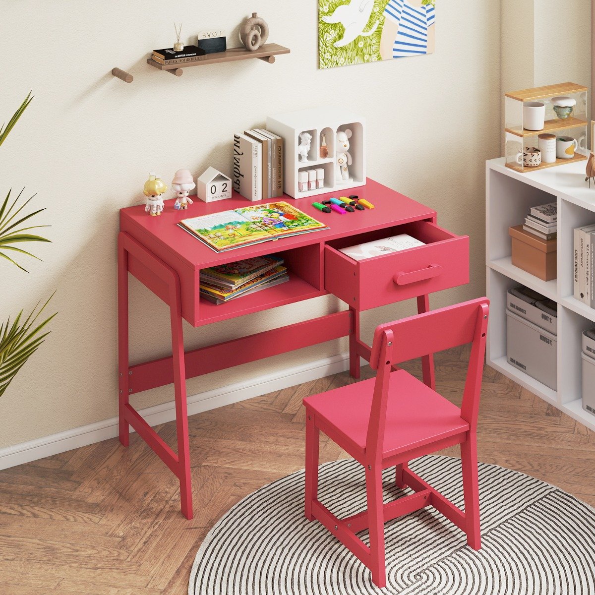 Schreibtisch Kinder mit Stuhl Kinderschreibtisch Set aus Holz Jugendschreibtisch mit Schublade & Ablage Rosa