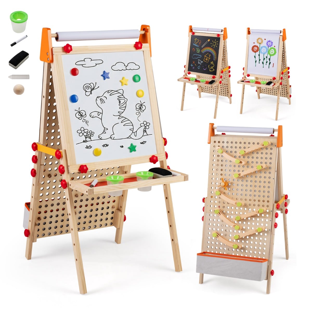 Kinder Staffelei 3 in 1 doppelseitige Kidnertafel aus Holz mit Magnet-Whiteboard Natur