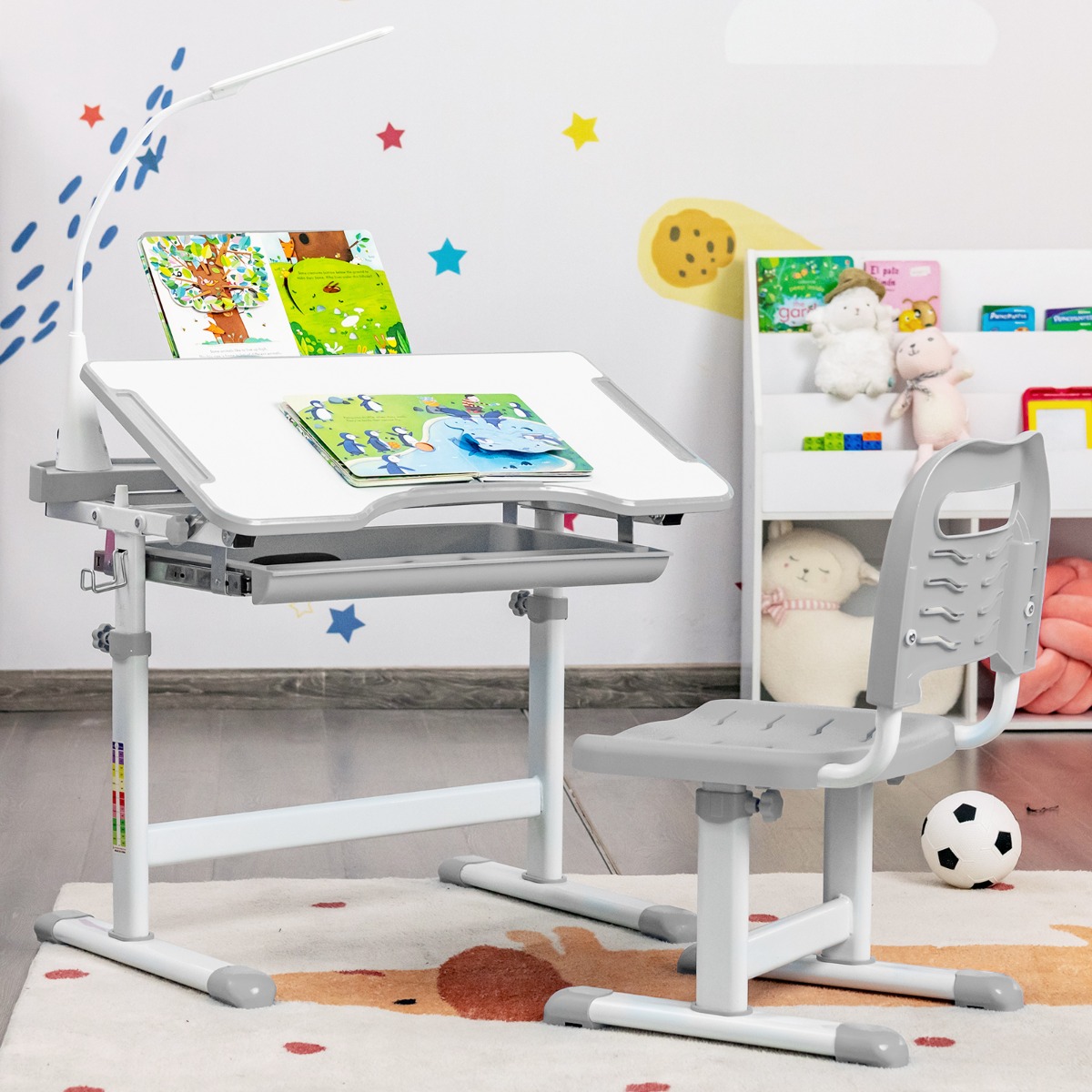 Kindertisch Kinderschreibtisch Set mit Bücherständer & LED-Licht für Jungs & Mädchen Grau