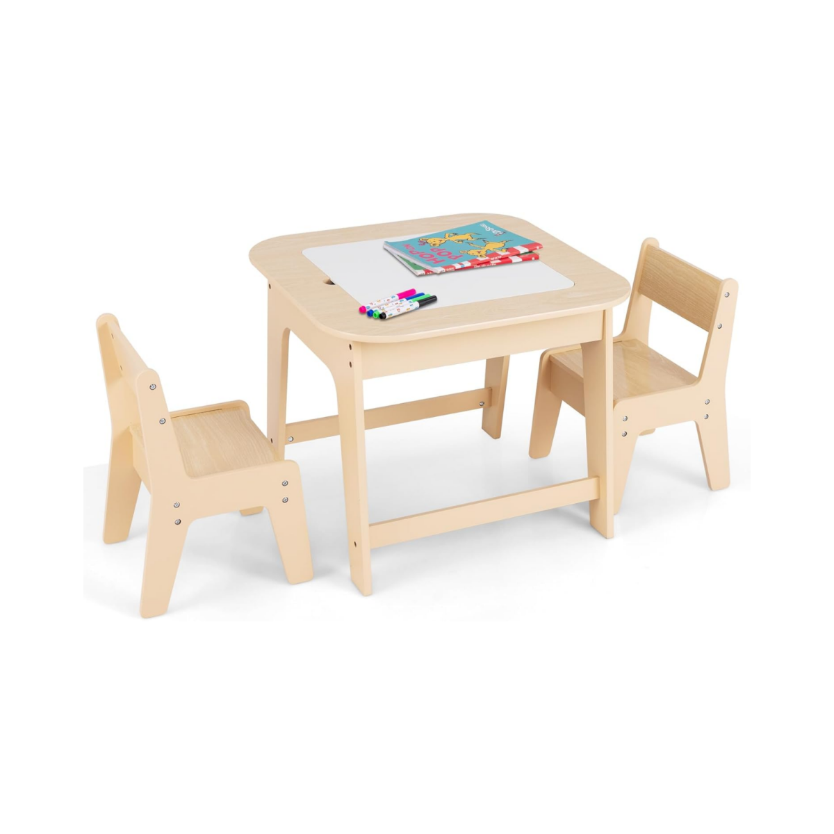 Kindertisch mit 2 Stühlen 3 TLG Kindersitzgruppe Holz mit Doppelseitiger Tischplatte Natur