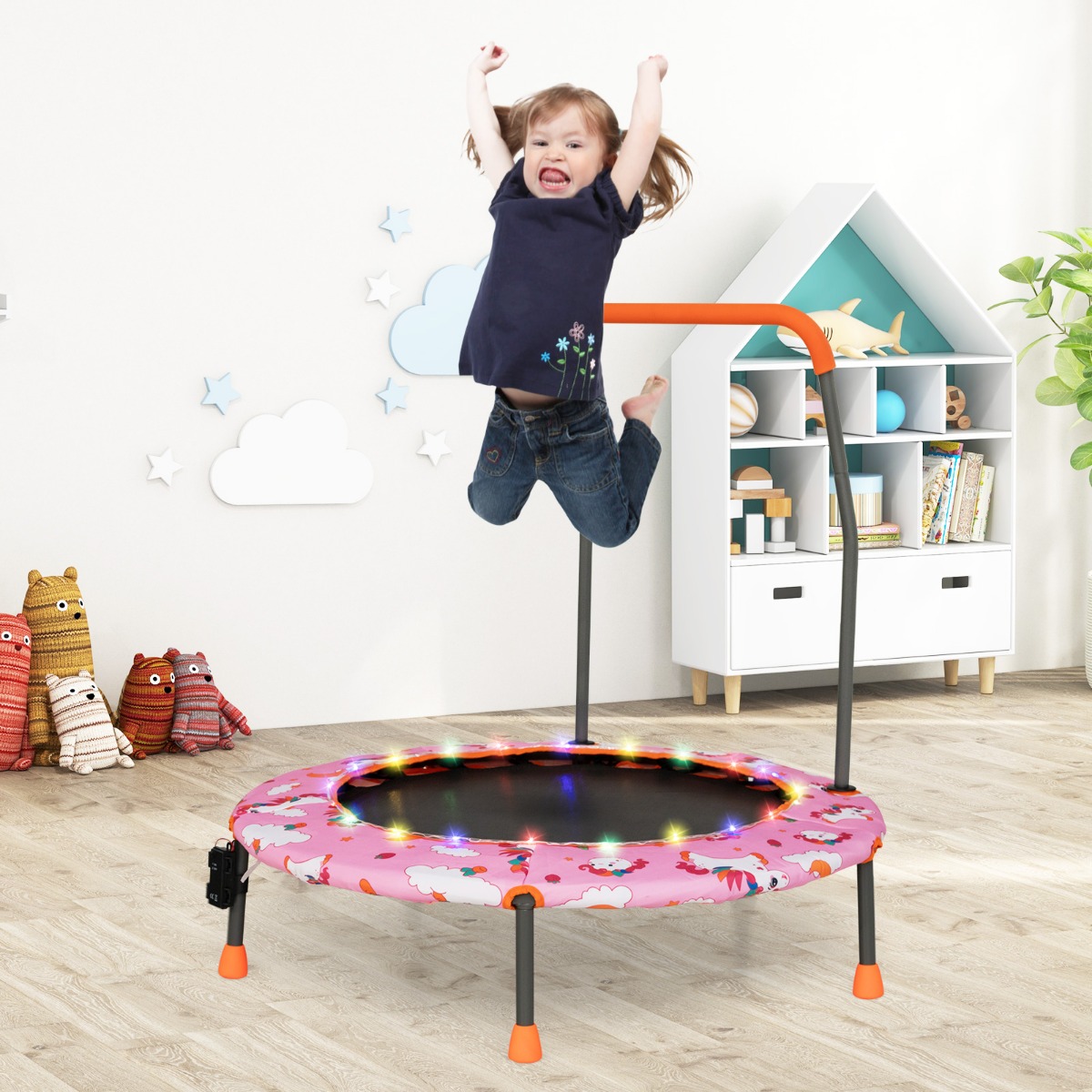 Ø92 cm Kindertrampolin Mini Trampolin mit LED-Beleuchtung abnehmbarer Griff Rosa