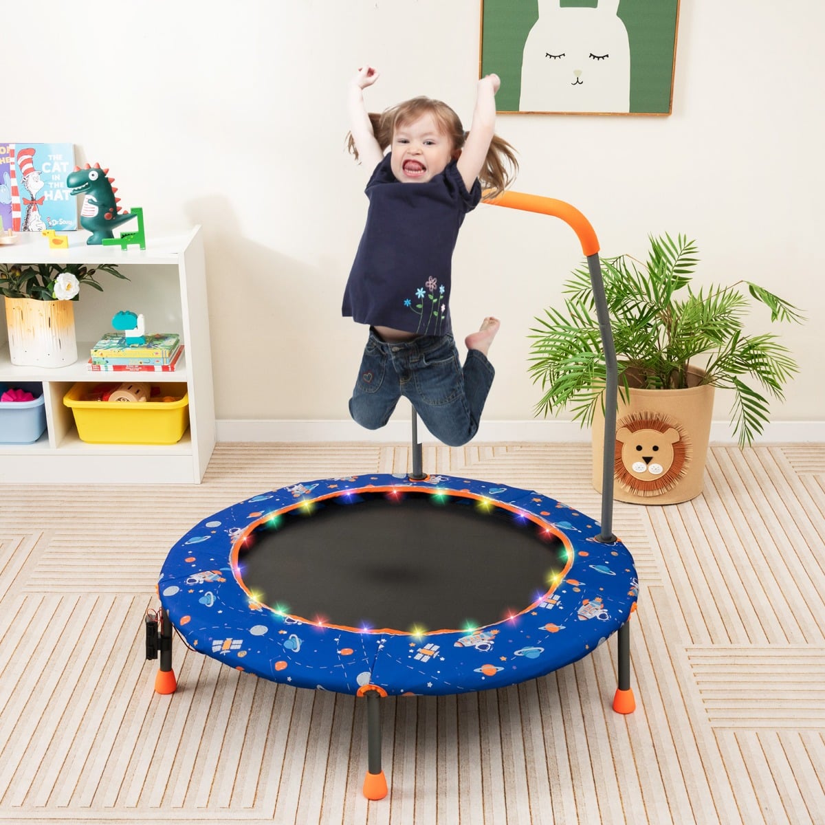 Ø92 cm Kindertrampolin Mini Trampolin mit LED-Beleuchtung & abnehmbarer Griff Blau