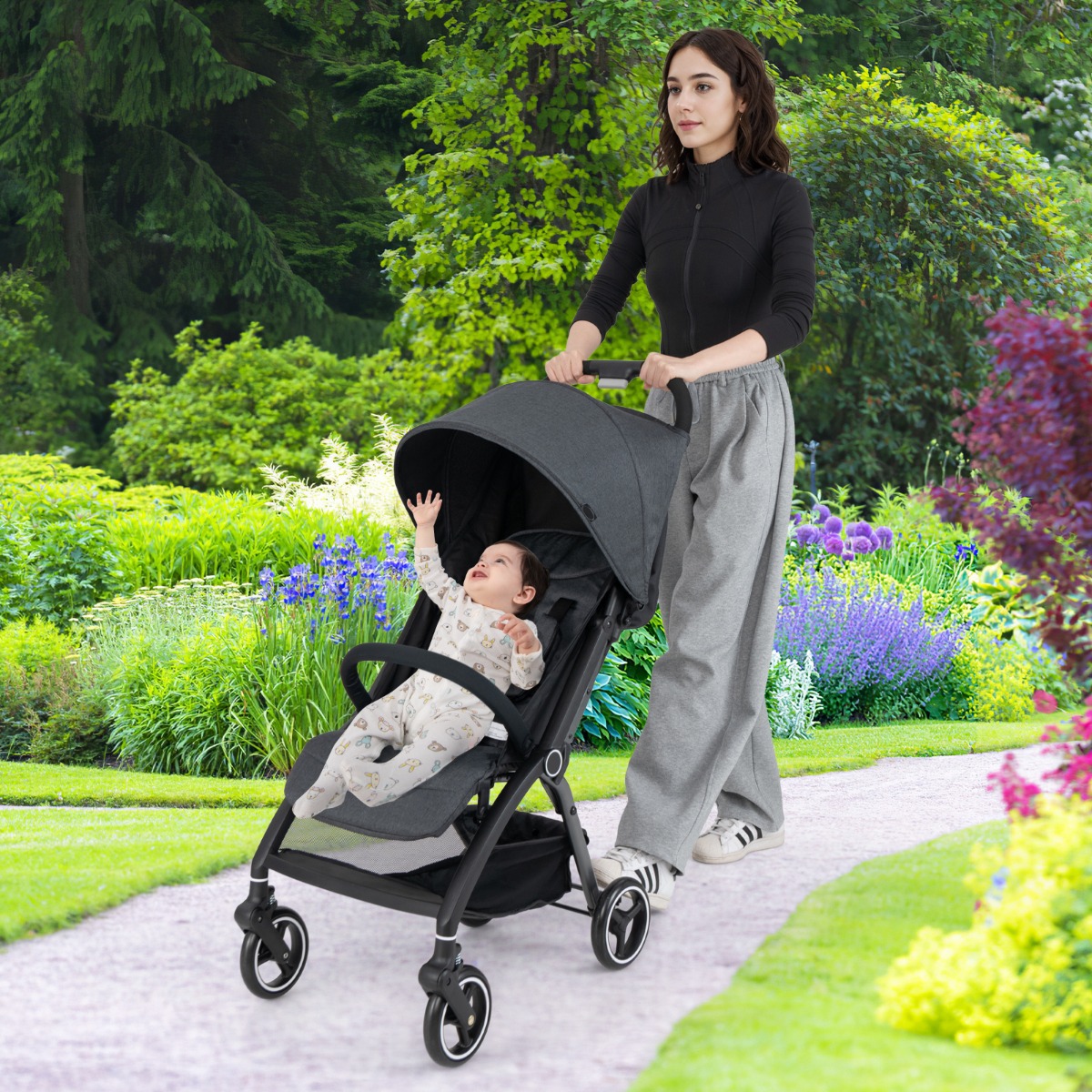 Einhändig Klappbare Kinderwagen mit Verstellbarer Rückenlehne & Verdeck Reisebuggy Grau