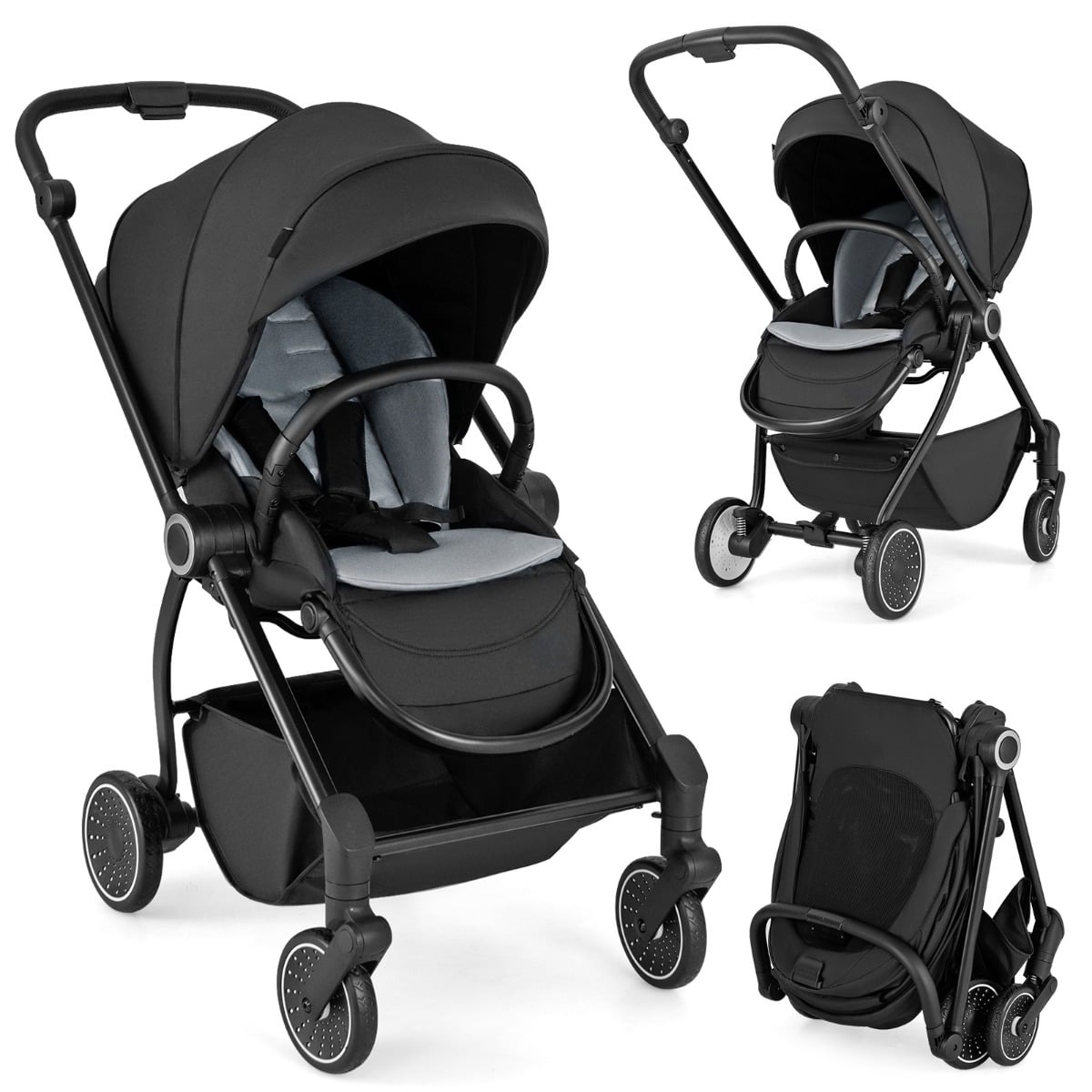 Kinderwagen faltbar mit umkehrbarem Sitz Reisebuggy mit verstellbarer Rückenlehne Schwarz