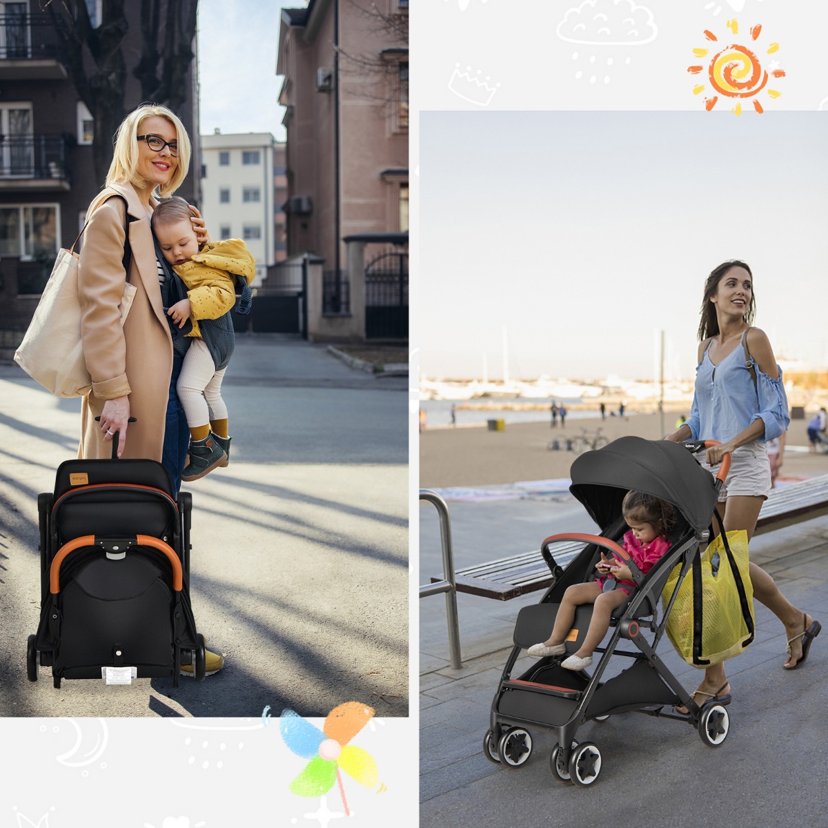 Kinderwagen faltbar Reisebuggy mit verstellbarem Rückenlehne & Verdeck Babywagen mit Becherhalter Schwarz