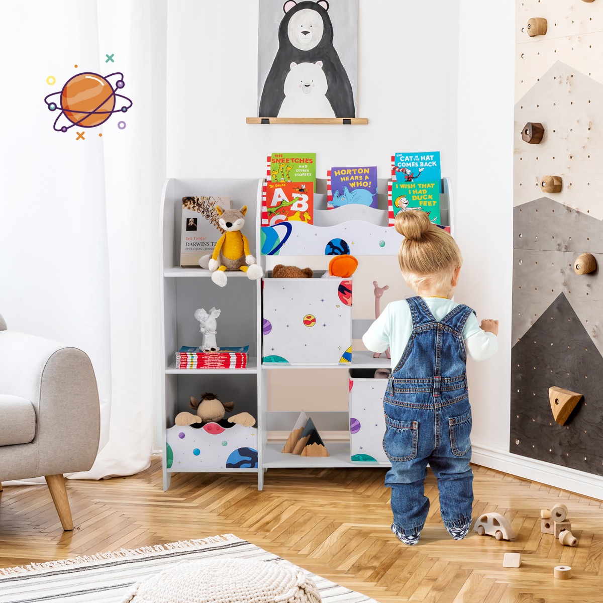 Freistehender Kinderzimmerschrank 3-stöckiger Kinderzimmerregal Spielzeug-Organizer für Kleinkinder Asteroiden Weiß