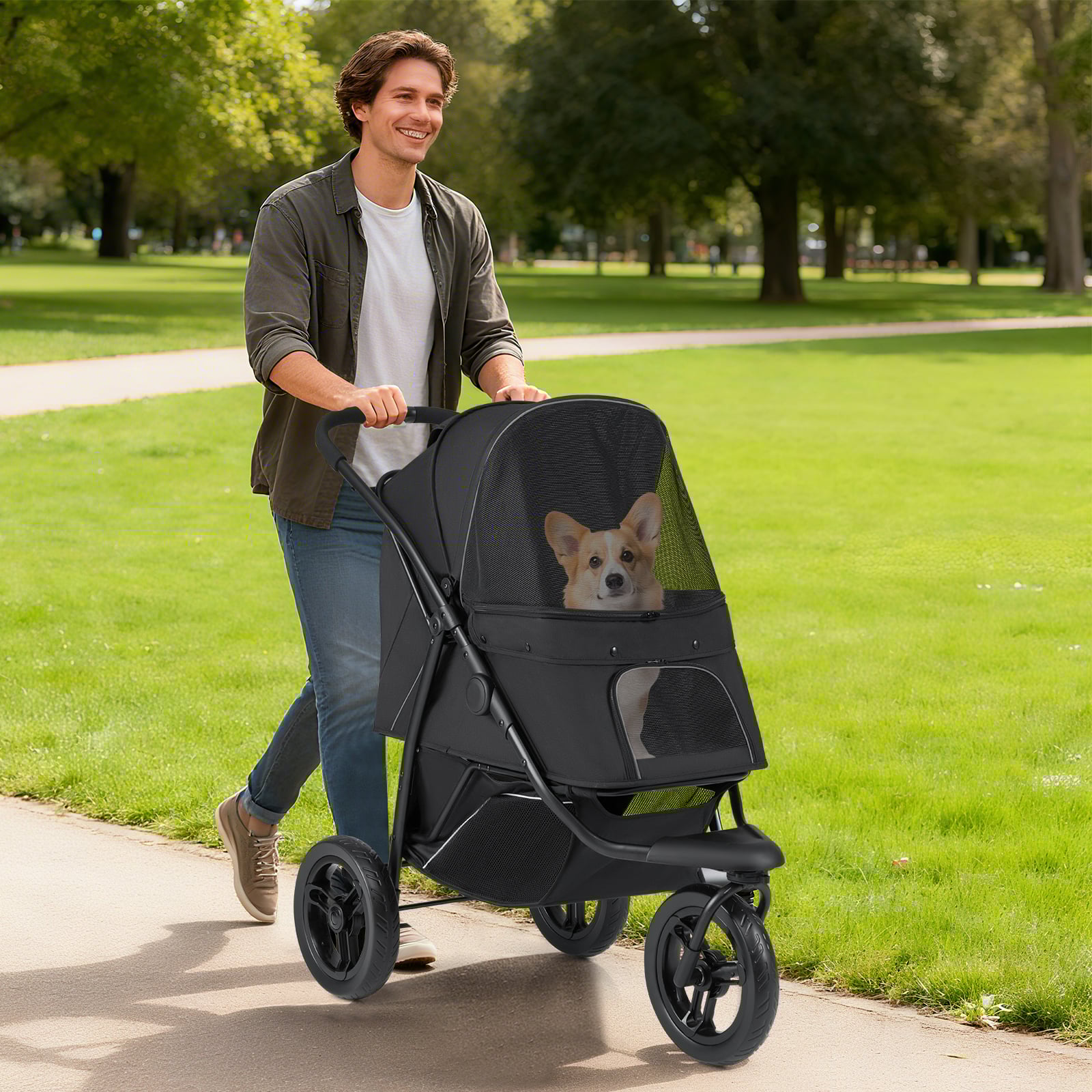 Klappbare Hundewagen bis 25 kg mit Verstellbarem Sonnendach 3 Rad Hundebuggy Schwarz