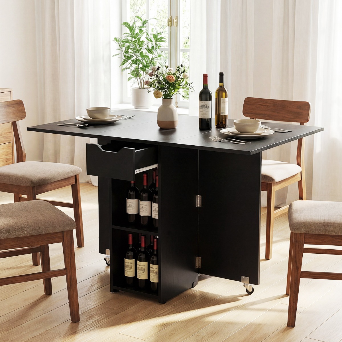 Klappbarer Esstisch mit 2 Rädern & 2-stufiger Ablagefläche & Schublade Klapptisch Schwarz