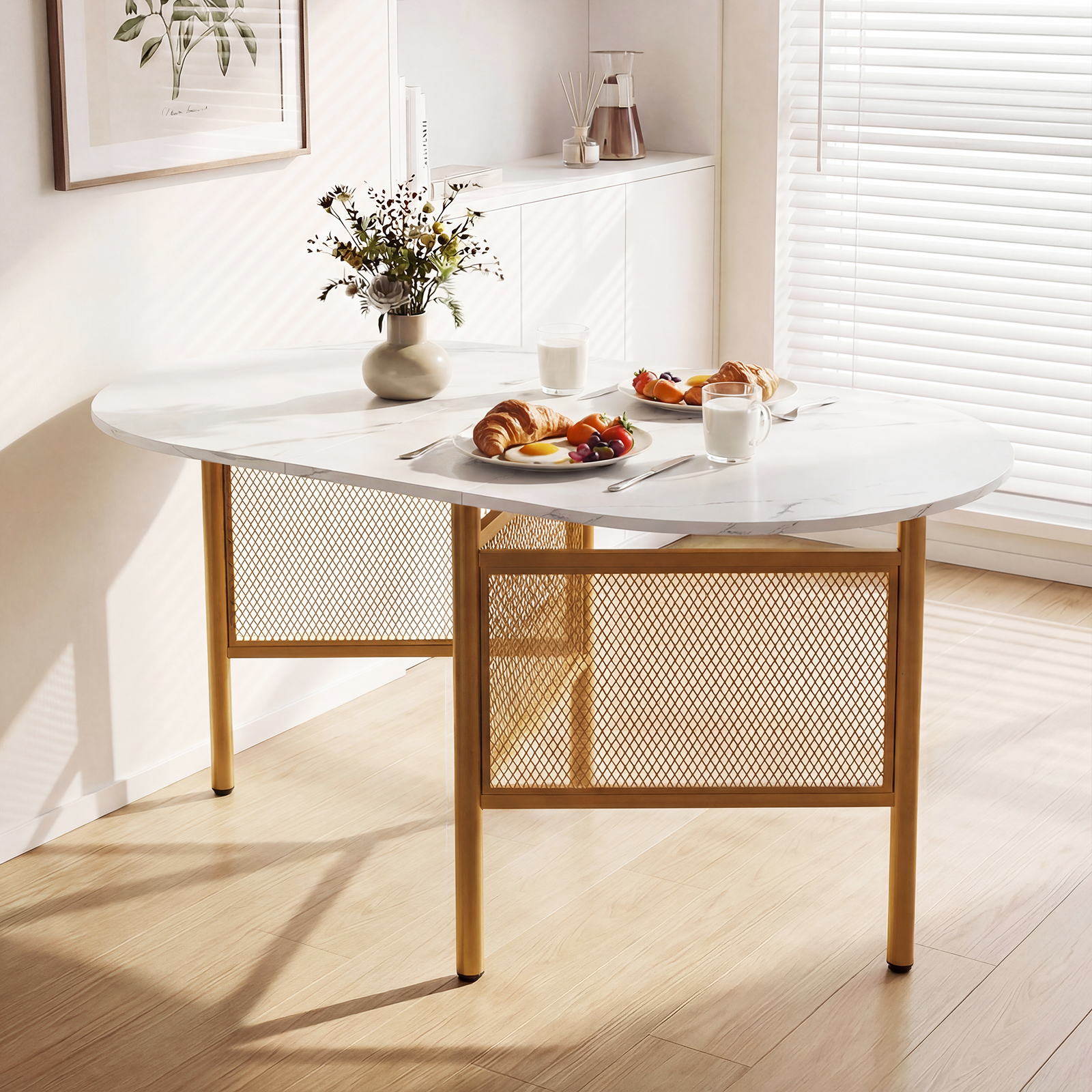 Klappbarer Esstisch für 6-8 Personen platzsparender Küchentisch mit Klappfunktion 150 x 80 x 76 cm Weiß+Gold